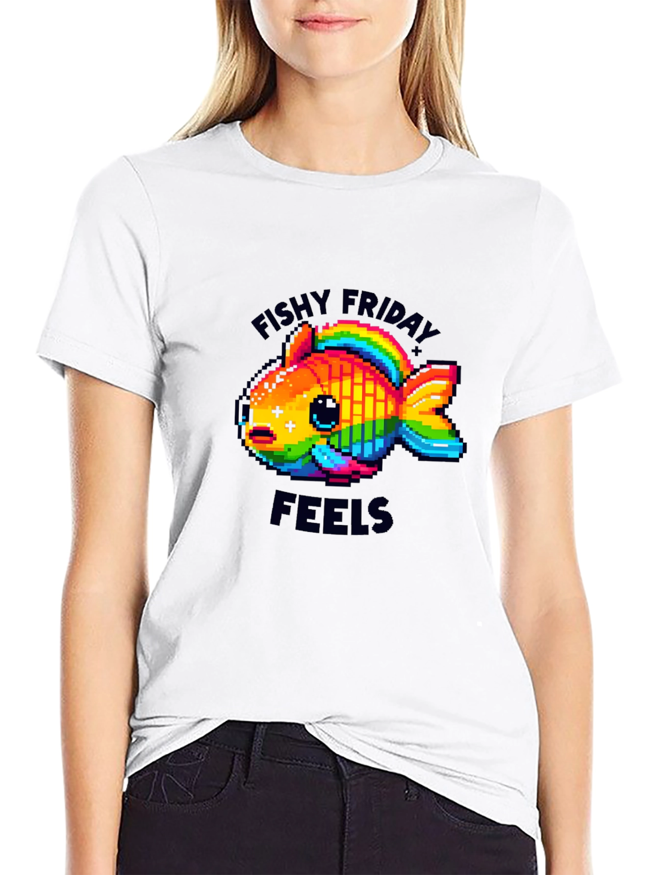 Black Fishy Friday Feels Pixel Art Graphic Tee view 9