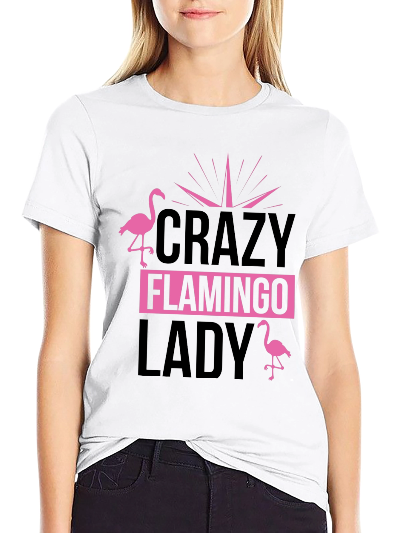 Black Crazy Flamingo Lady T-Shirt - Black Cotton Tee view 9