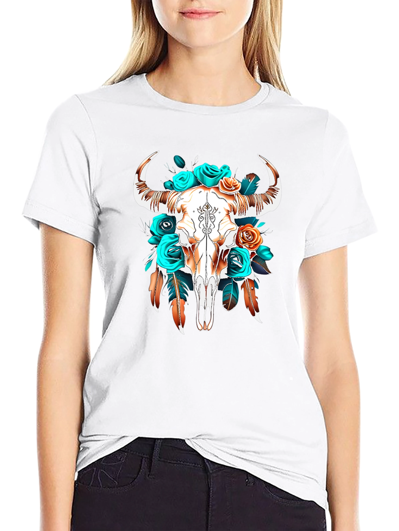 Black Boho Bull Skull Graphic Tee view 9