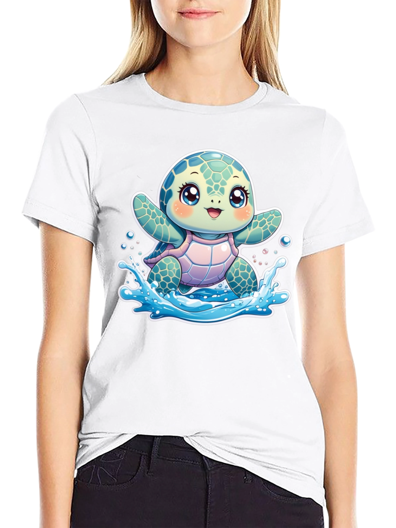 Black Cute Turtle Graphic Black T-Shirt view 9