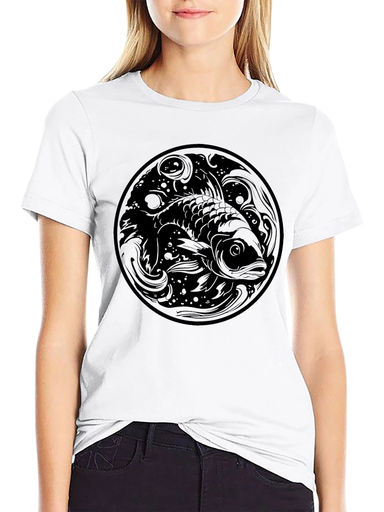 Black Koi Fish Graphic Print Black T-Shirt view 9