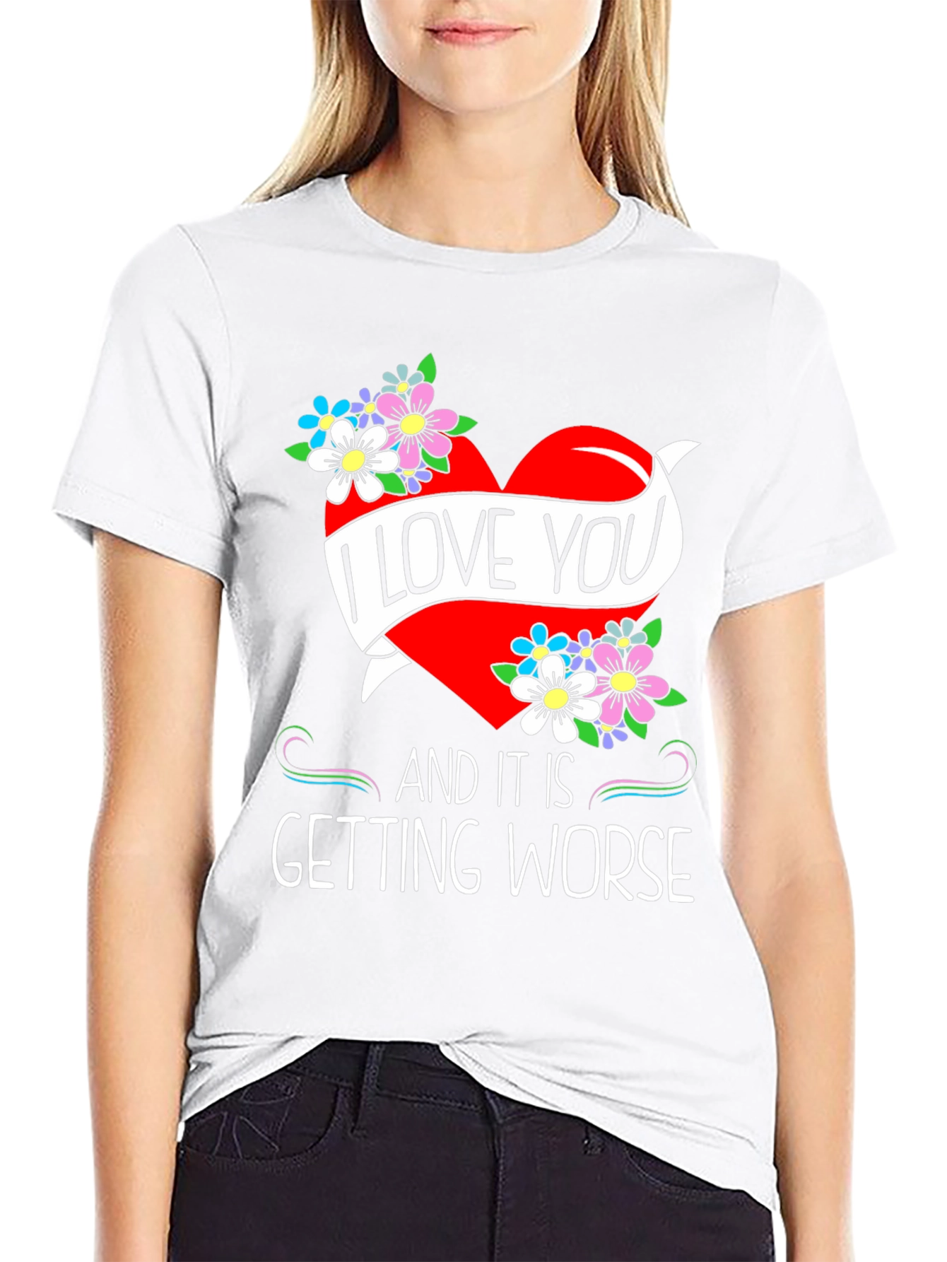 Black I Love You Graphic Tee - Novelty Heart & Flowers Design view 9