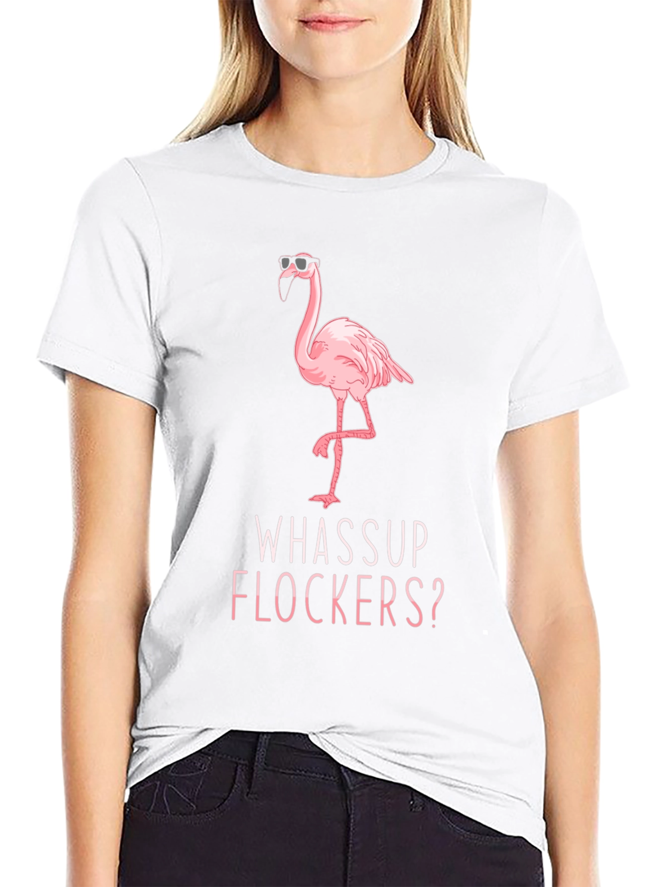 Black Whassup Flockers? Flamingo T-Shirt - Cool & Funny view 9