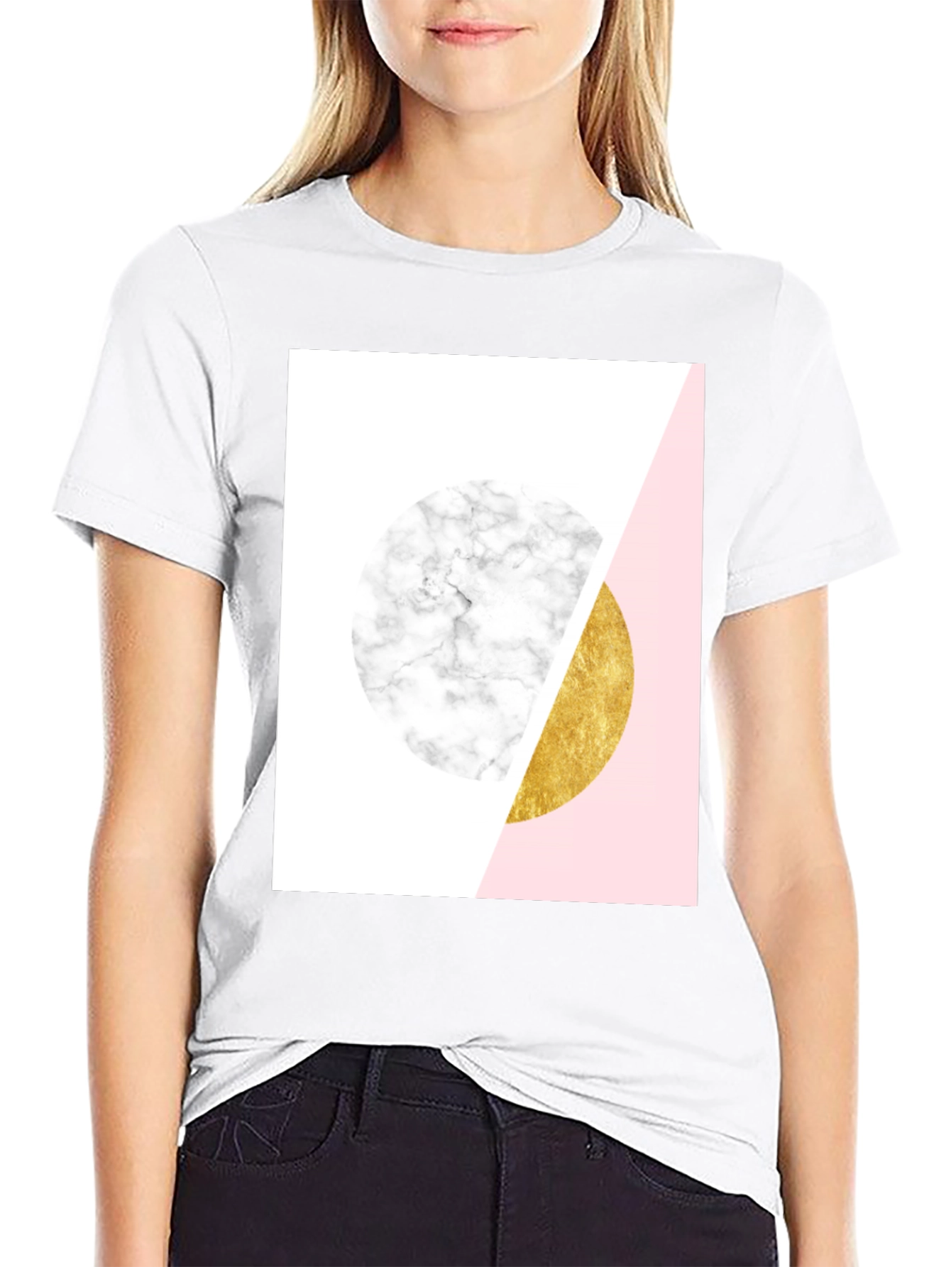 Black Geometric Marble and Gold Circle T-Shirt view 9