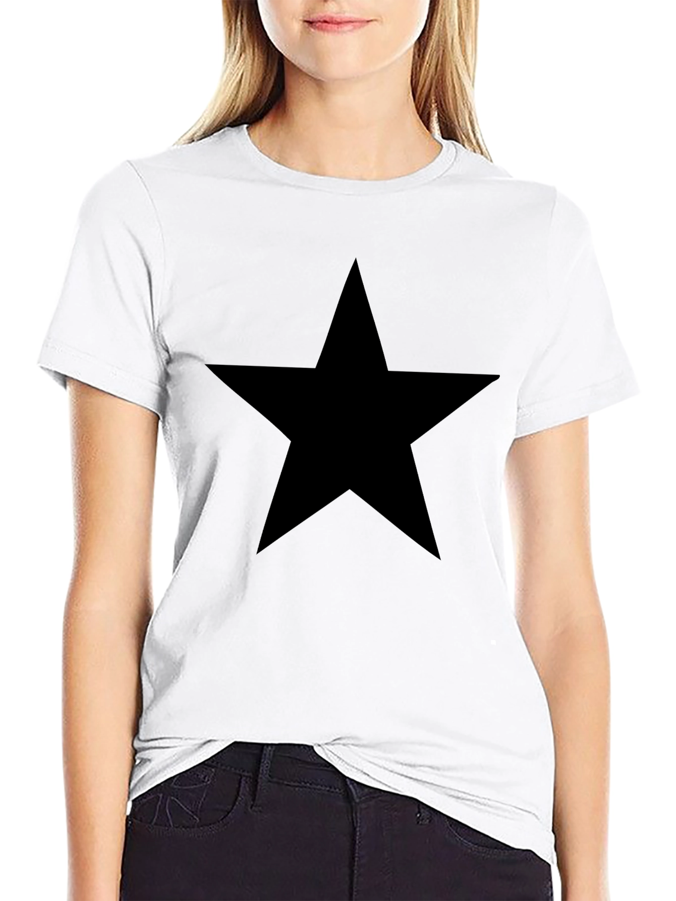 Black Bold Star Graphic Tee - Classic Black Cotton T-Shirt view 9