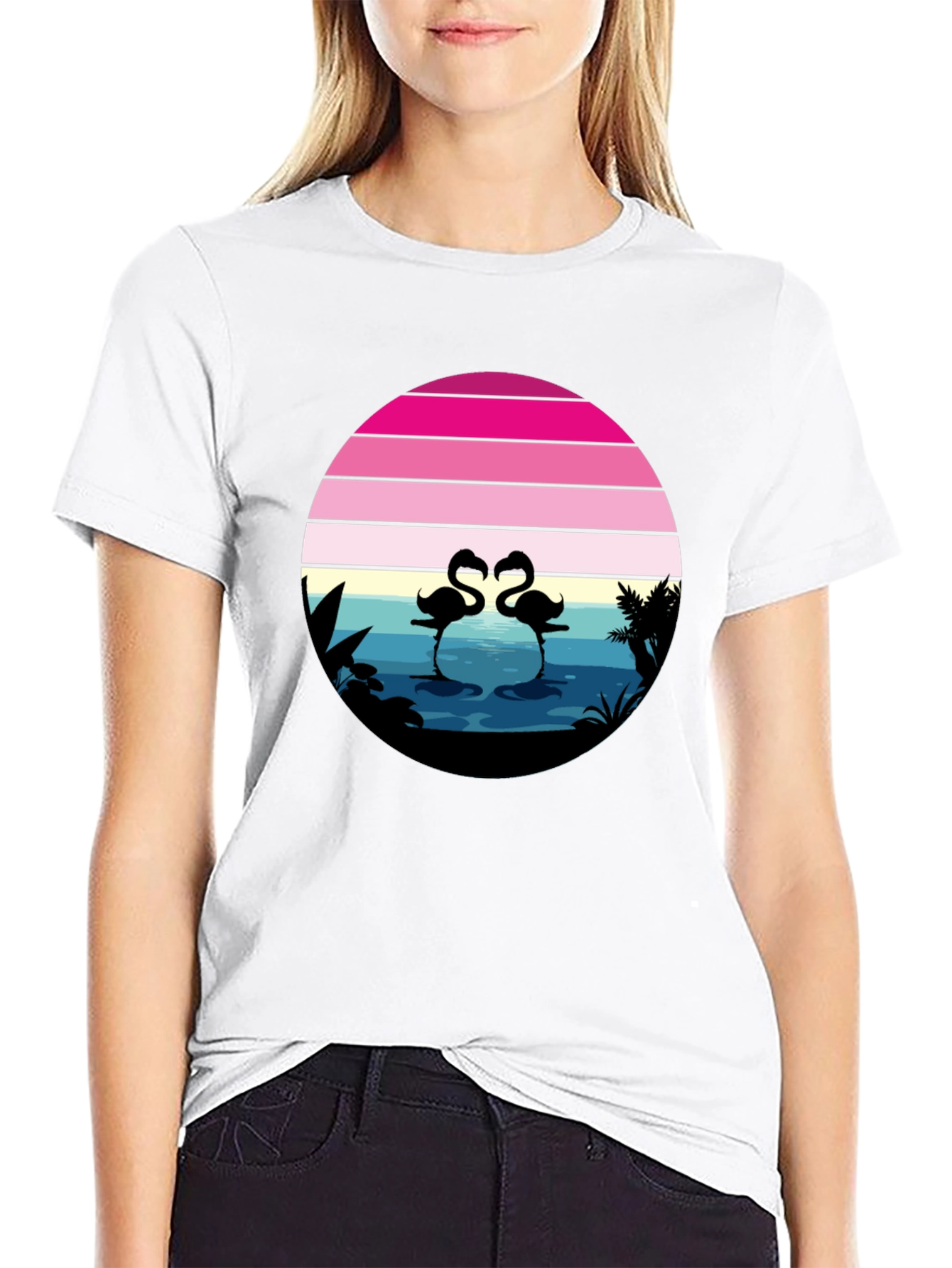 Black Retro Flamingo Sunset Graphic Tee view 9