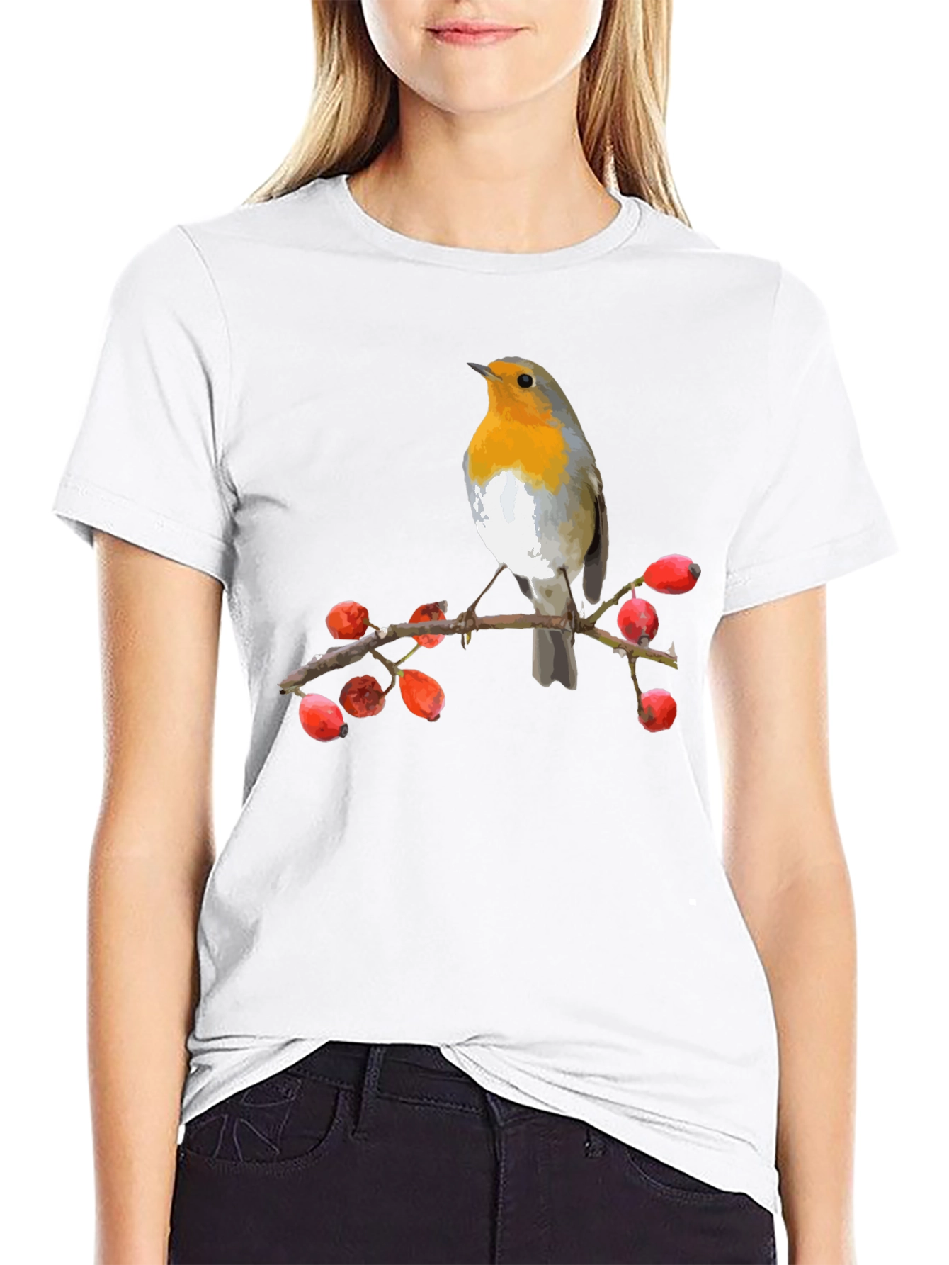 Black Robin Bird on Branch T-Shirt view 9