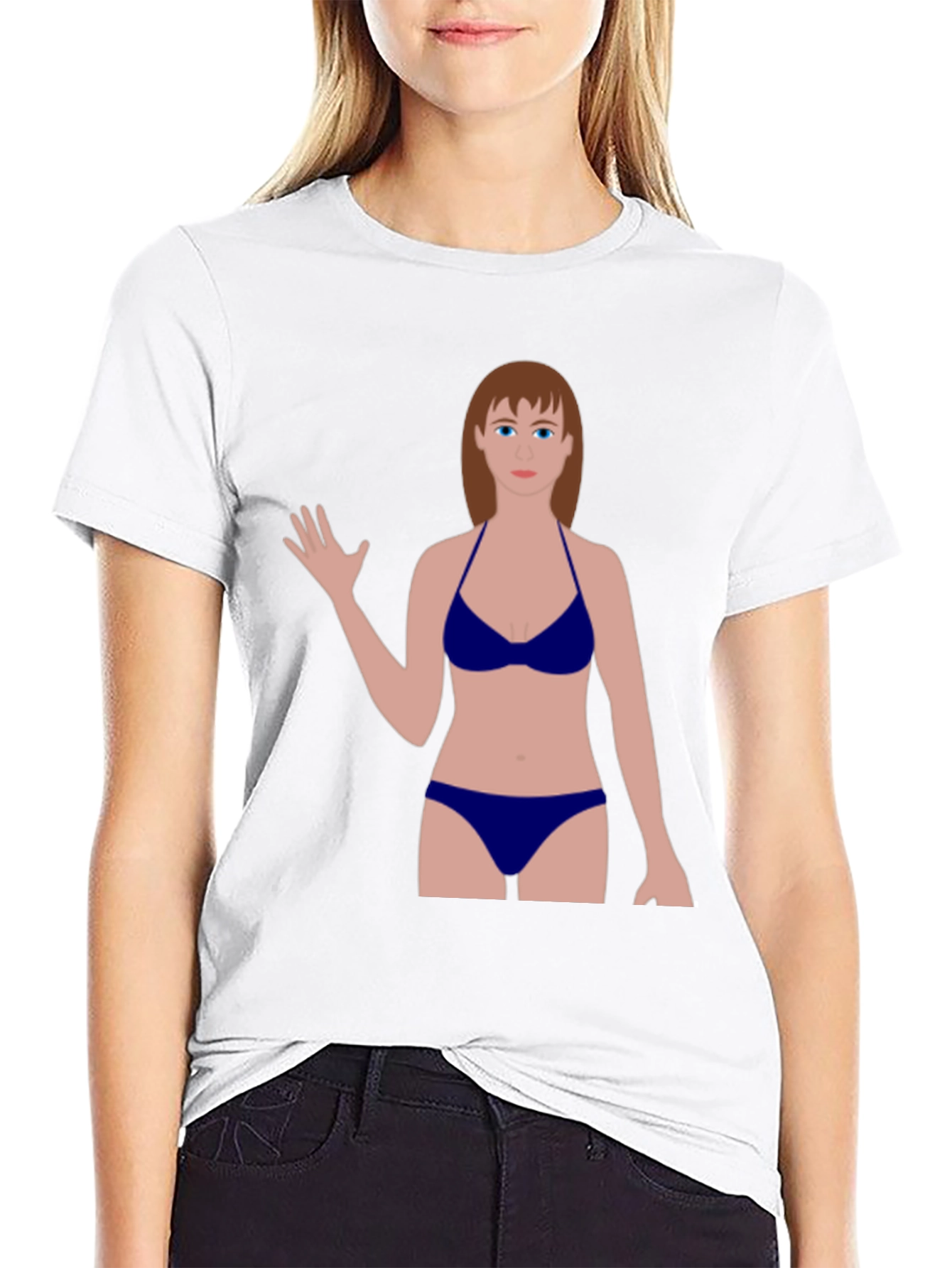 Black Novelty Graphic Tee - Cartoon Woman Swimsuit Design view 9