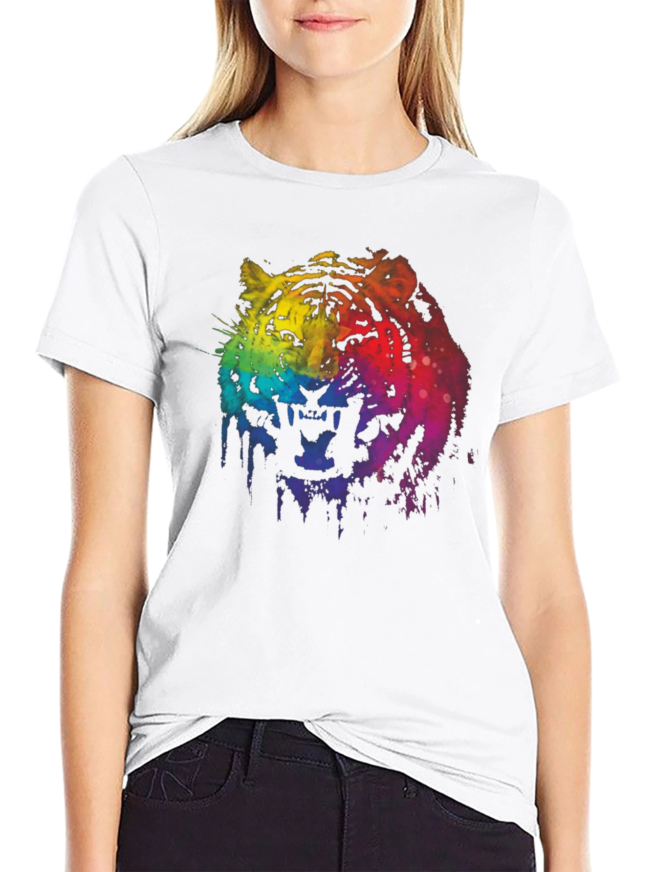 Black Rainbow Tiger Graphic Print Black T-Shirt view 9
