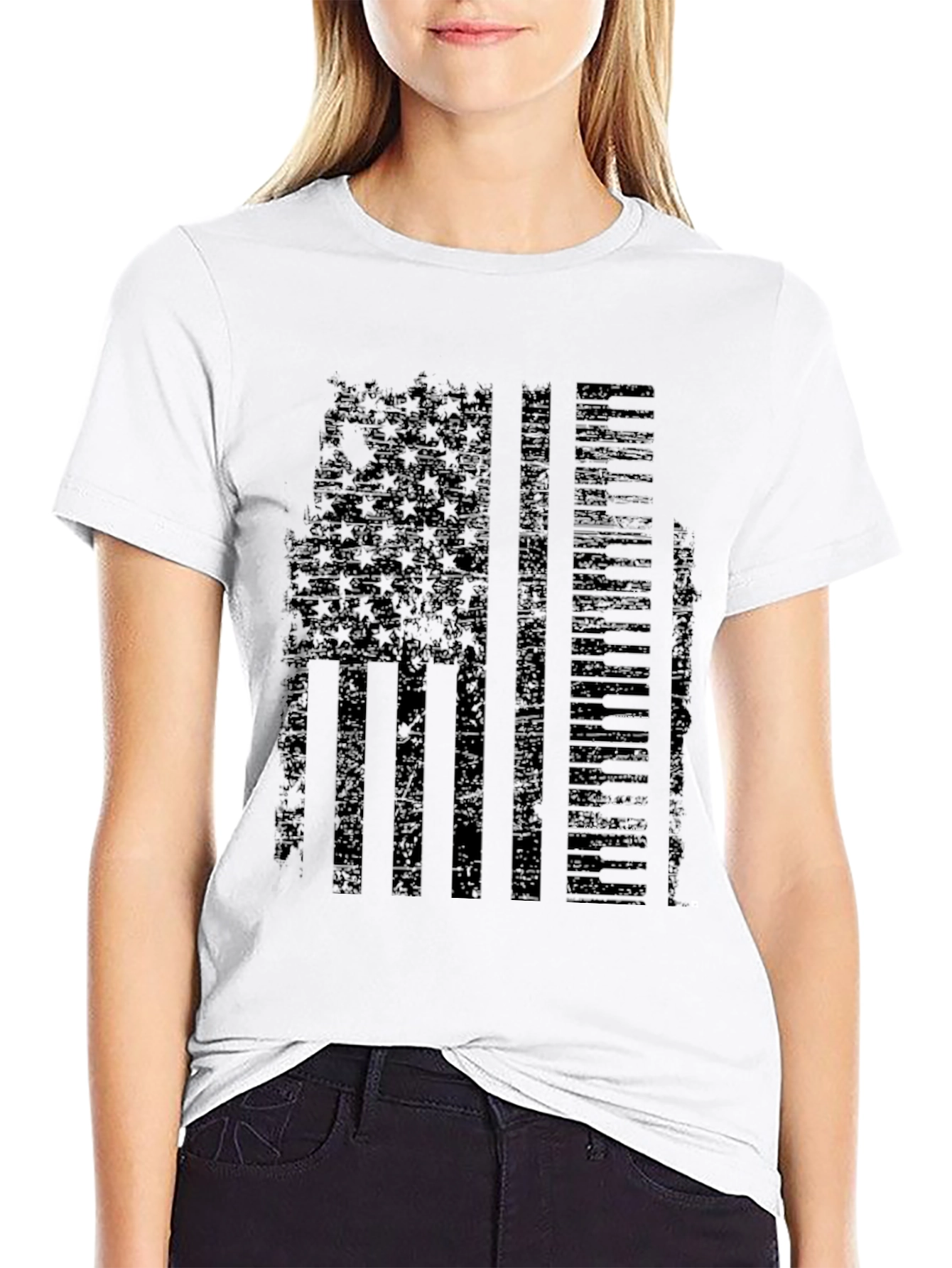 Black Distressed US Flag Piano Keys Graphic T-Shirt view 9