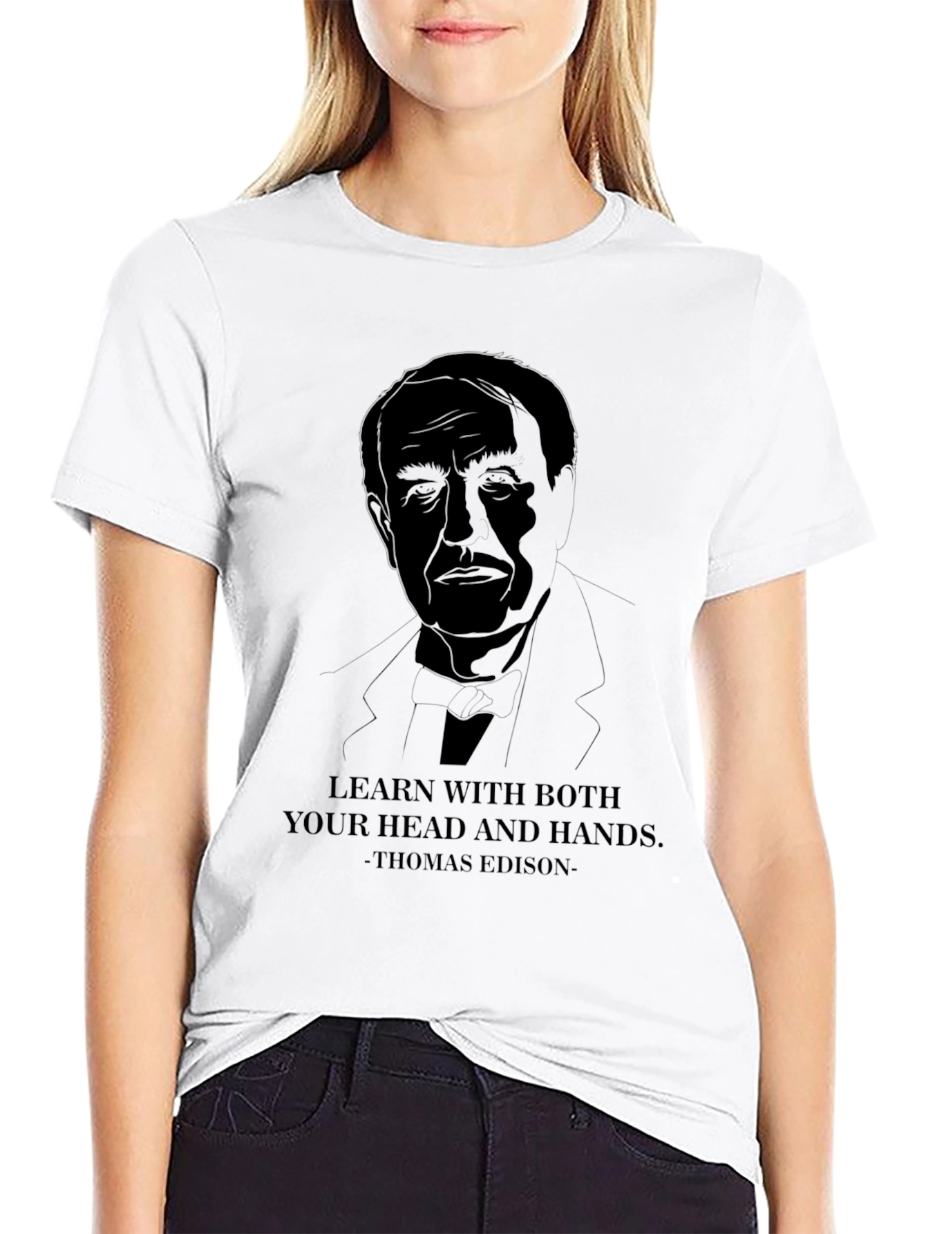 Black Thomas Edison "Learn With Both" T-Shirt view 9