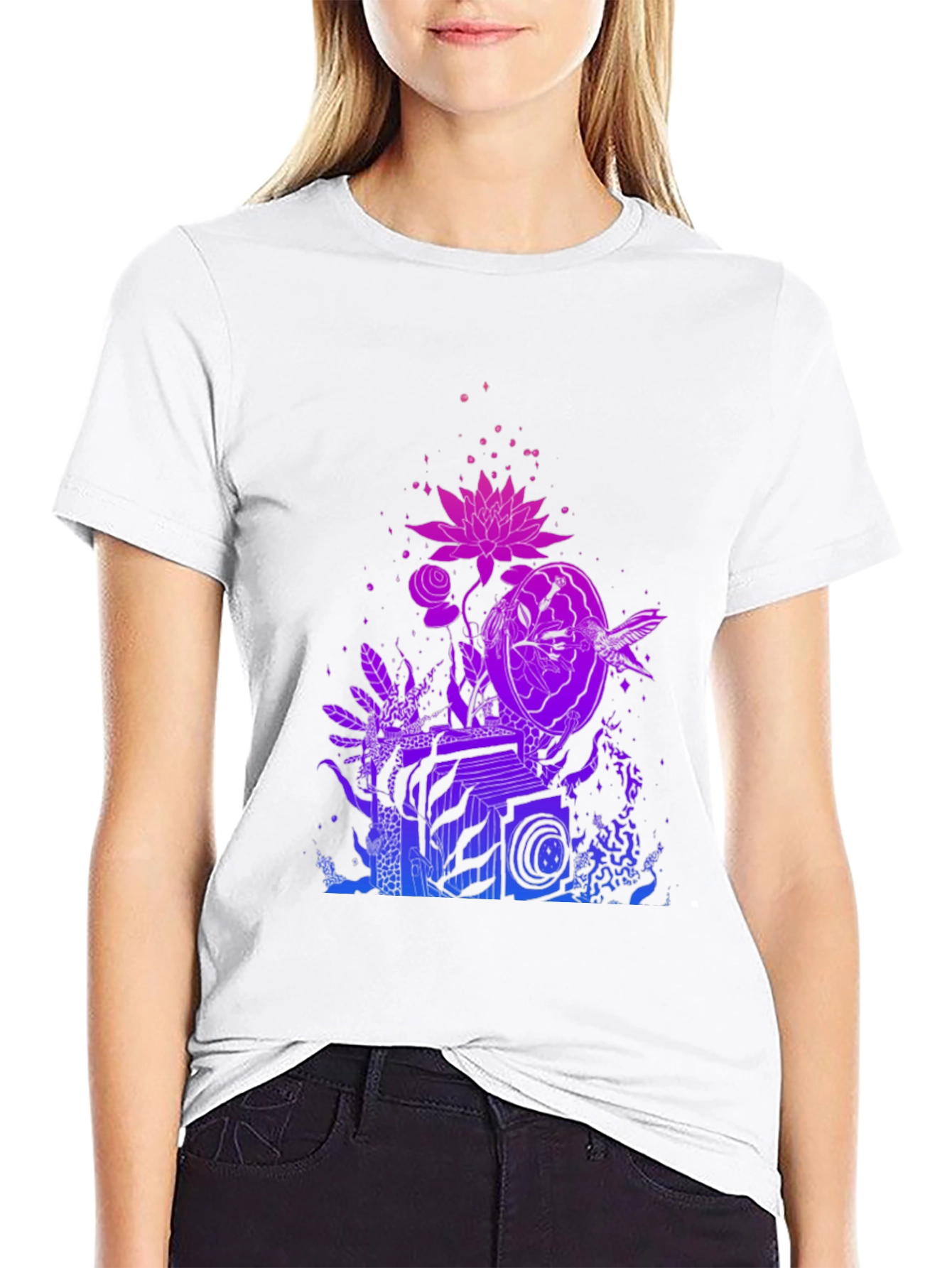 Black Vaporwave Botanical Graphic Tee - Black Cotton Blend view 9