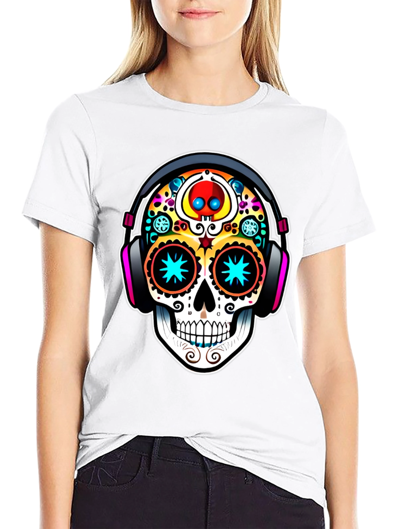 Black Skull DJ Black T-Shirt - Day of the Dead Style view 9