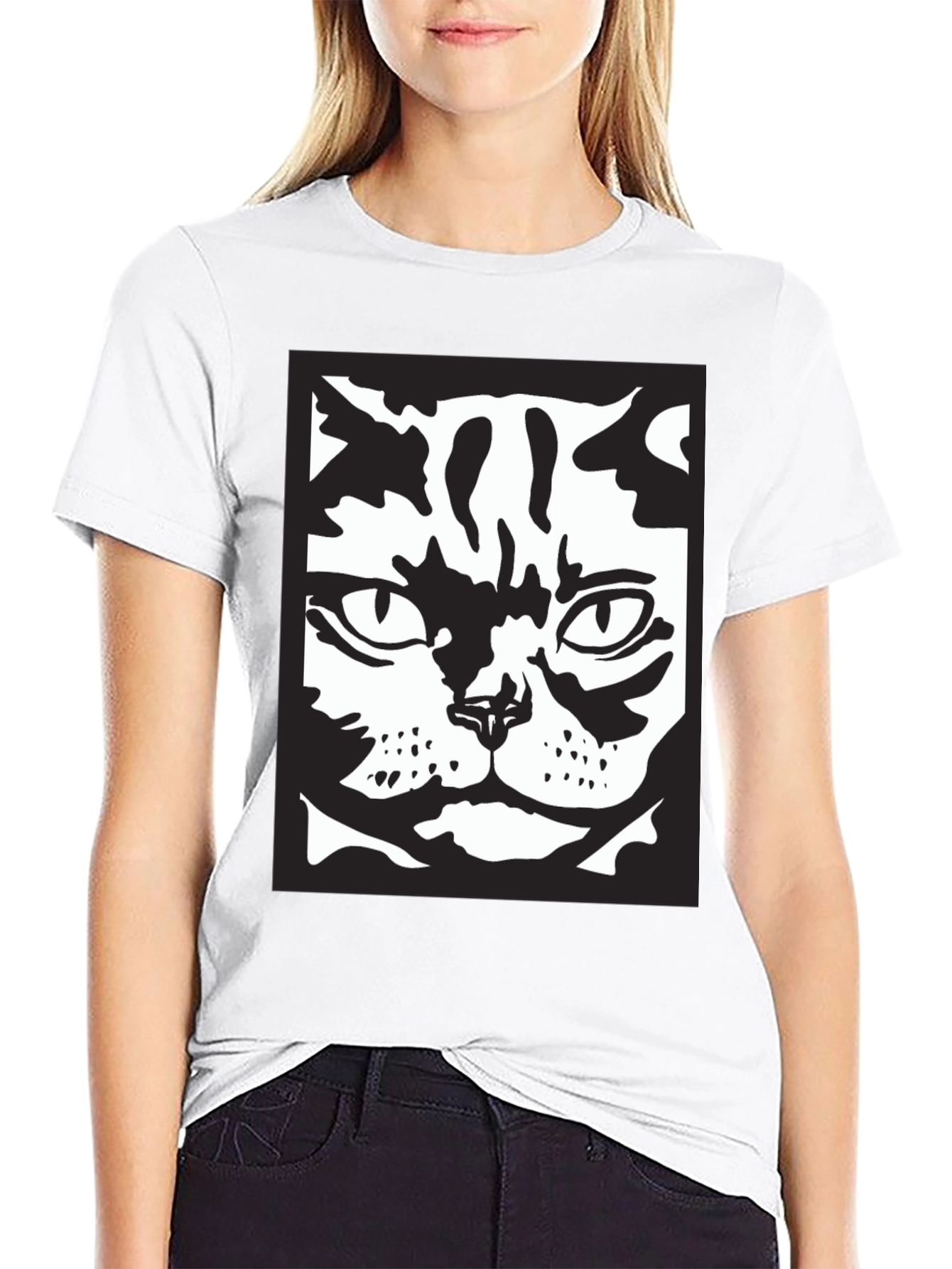 Black Cool Cat Face Graphic Black T-Shirt view 9
