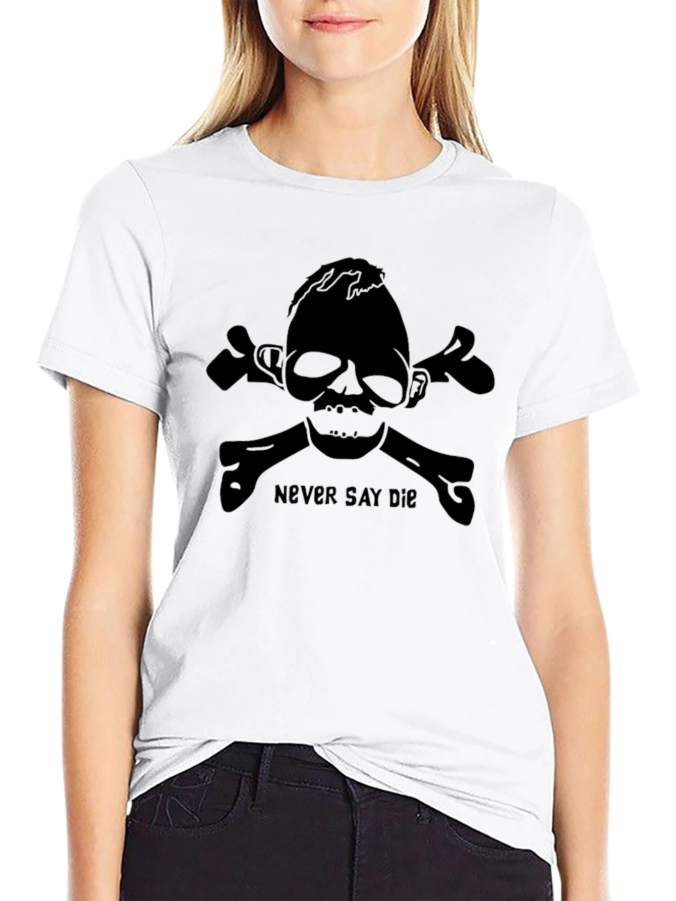 Black Never Say Die Skull & Crossbones Graphic T-Shirt view 9