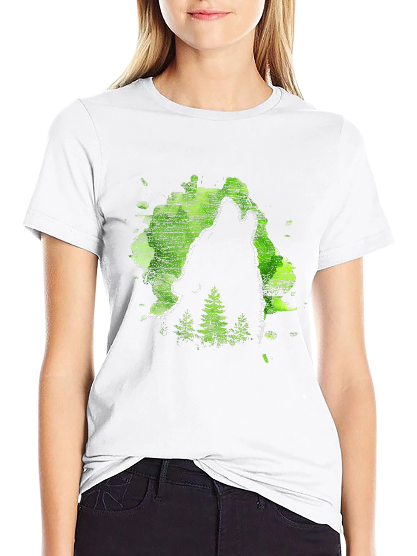 Black Wolf Howl Black T-Shirt, Green Forest Design view 9