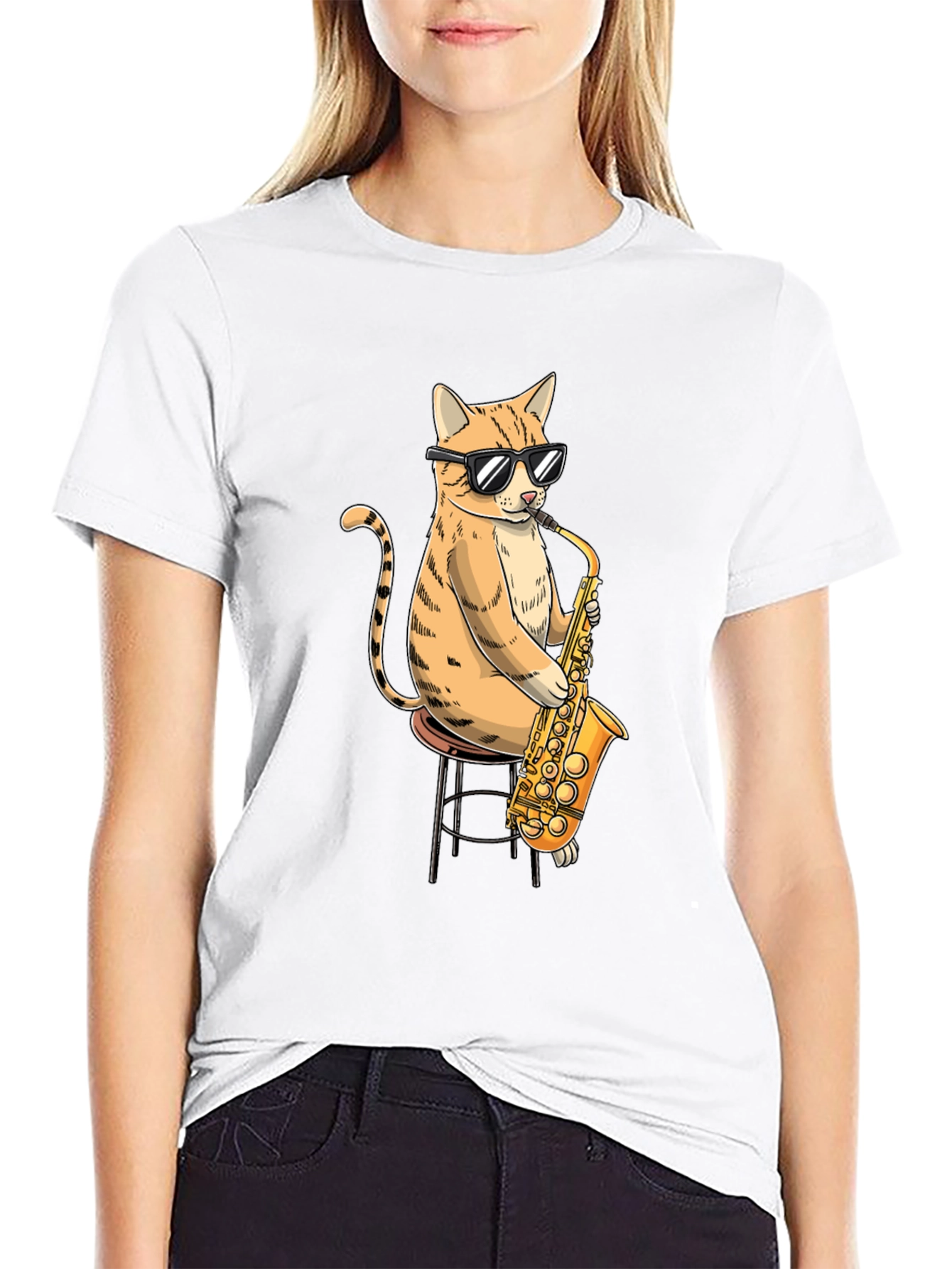 Black Cool Cat Saxophone Graphic T-Shirt view 9