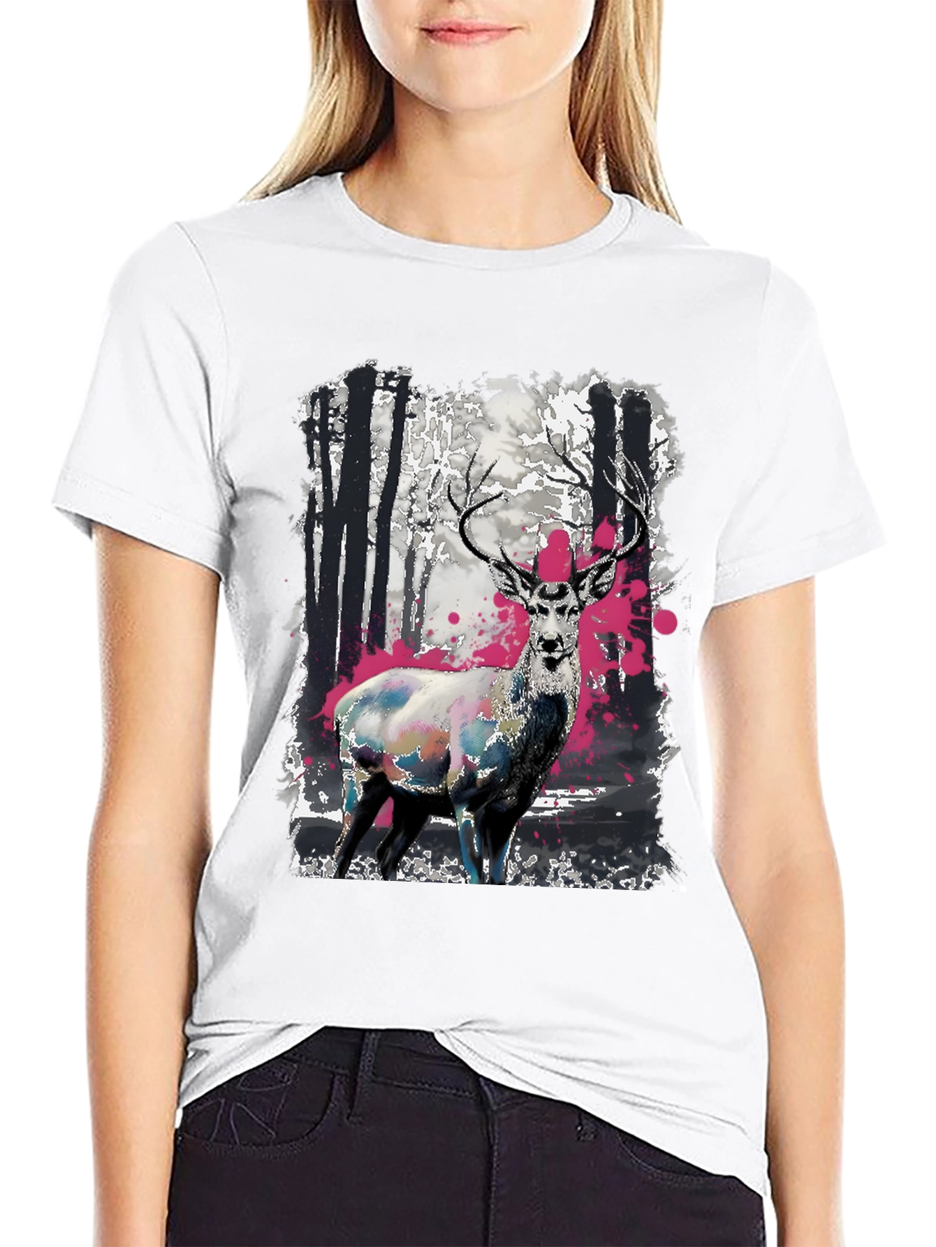 Black Deer in Forest Graphic Print Black T-Shirt view 9