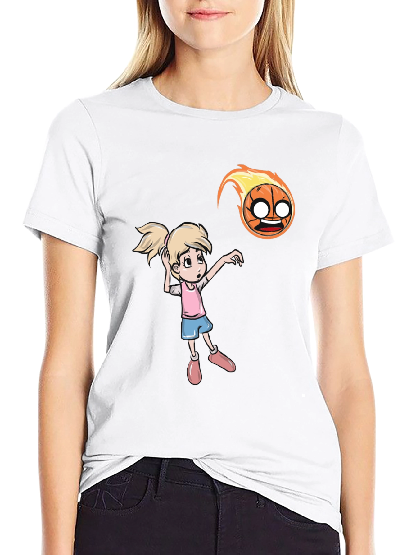 Black Cartoon Girl vs Flaming Basketball T-Shirt view 9