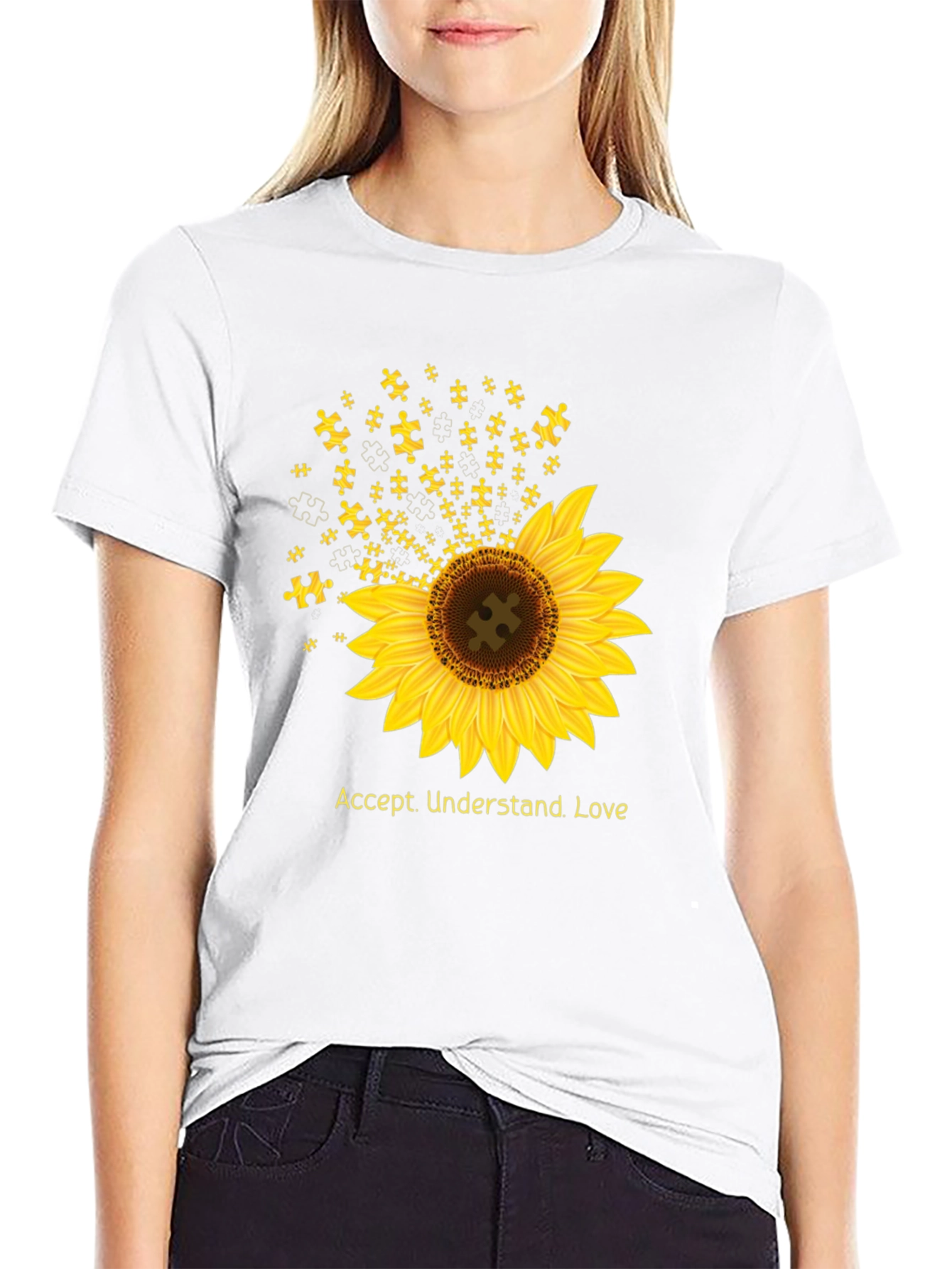 Black Autism Awareness Sunflower T-Shirt - Accept, Understand, Love view 9