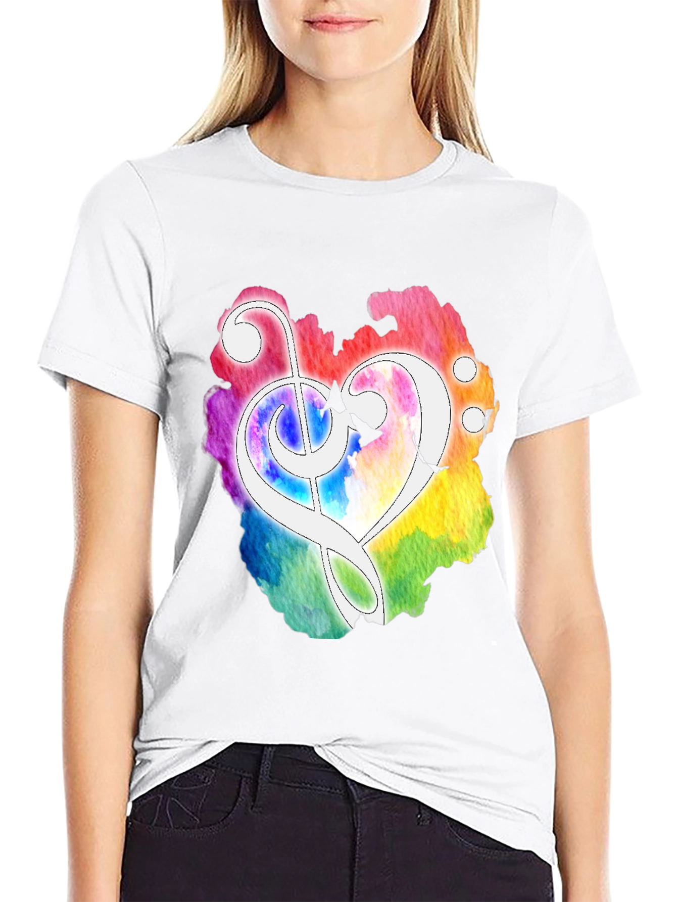 Black Watercolor Heart Treble Clef Black T-Shirt view 9