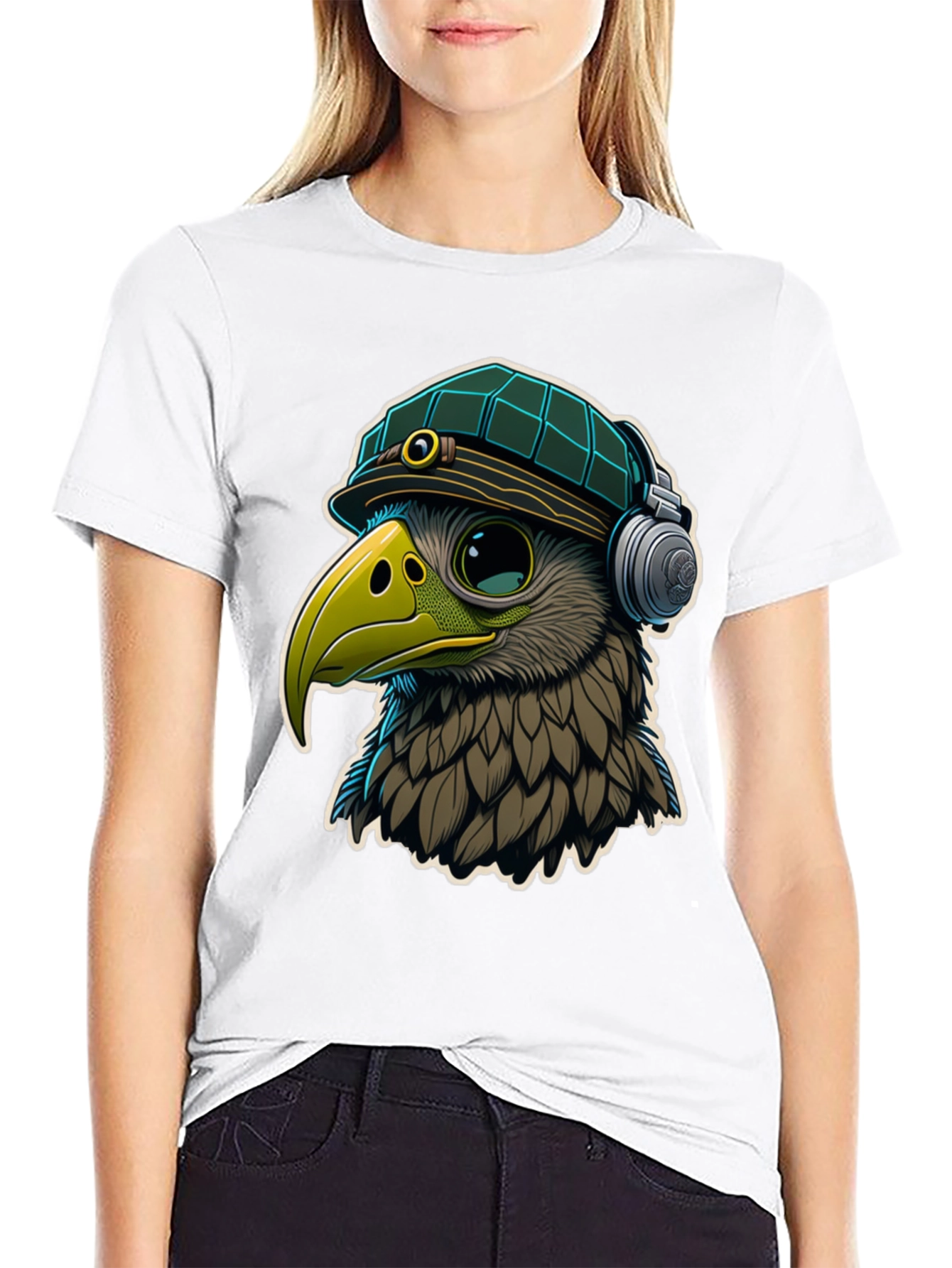 Black Cool Bird in Hat & Headphones Graphic Tee view 9