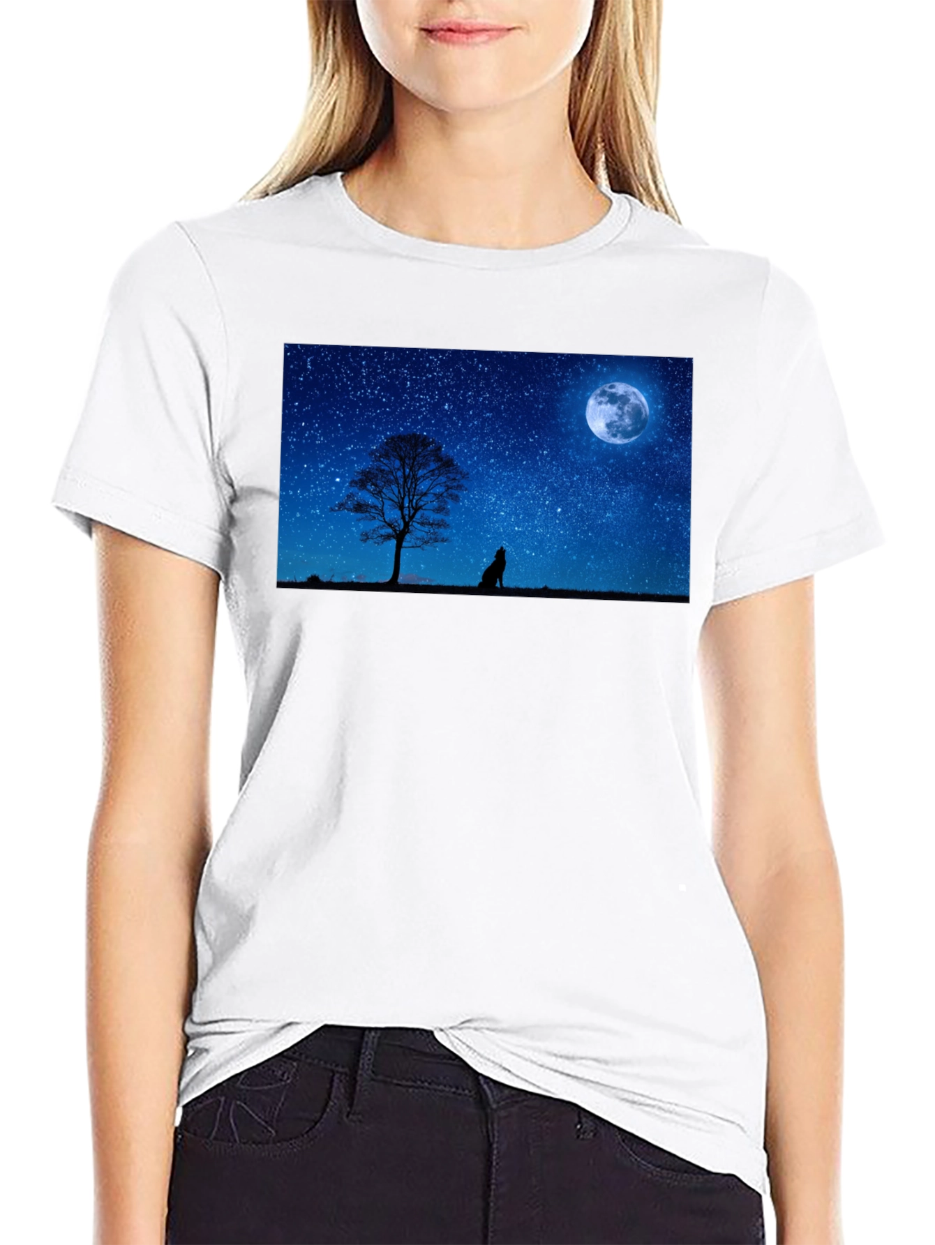 Black Wolf Howling at Moon T-Shirt - Night Sky Tee view 9