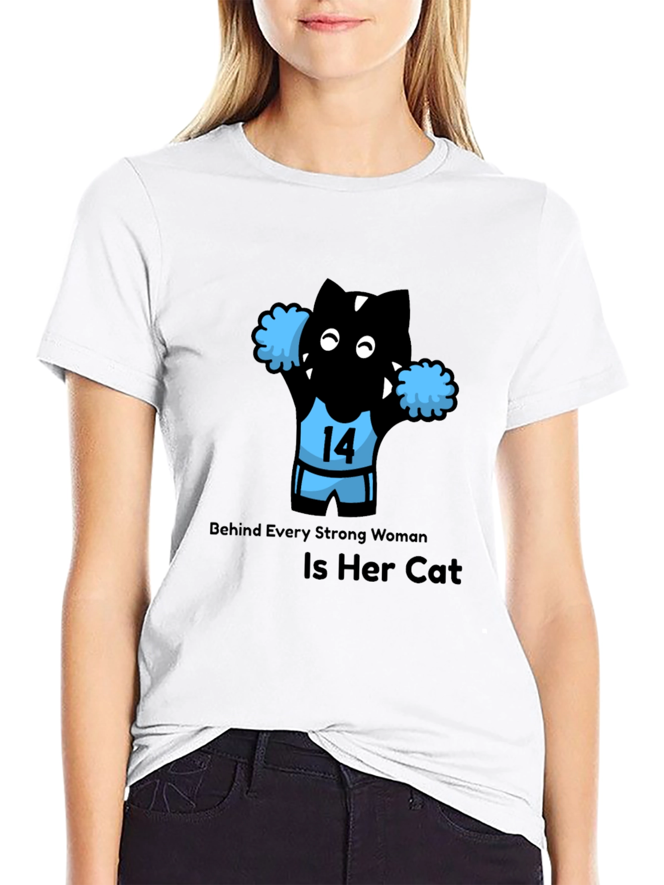 Black Funny Cat Cheerleader T-Shirt - Strong Women Support Cats! view 9
