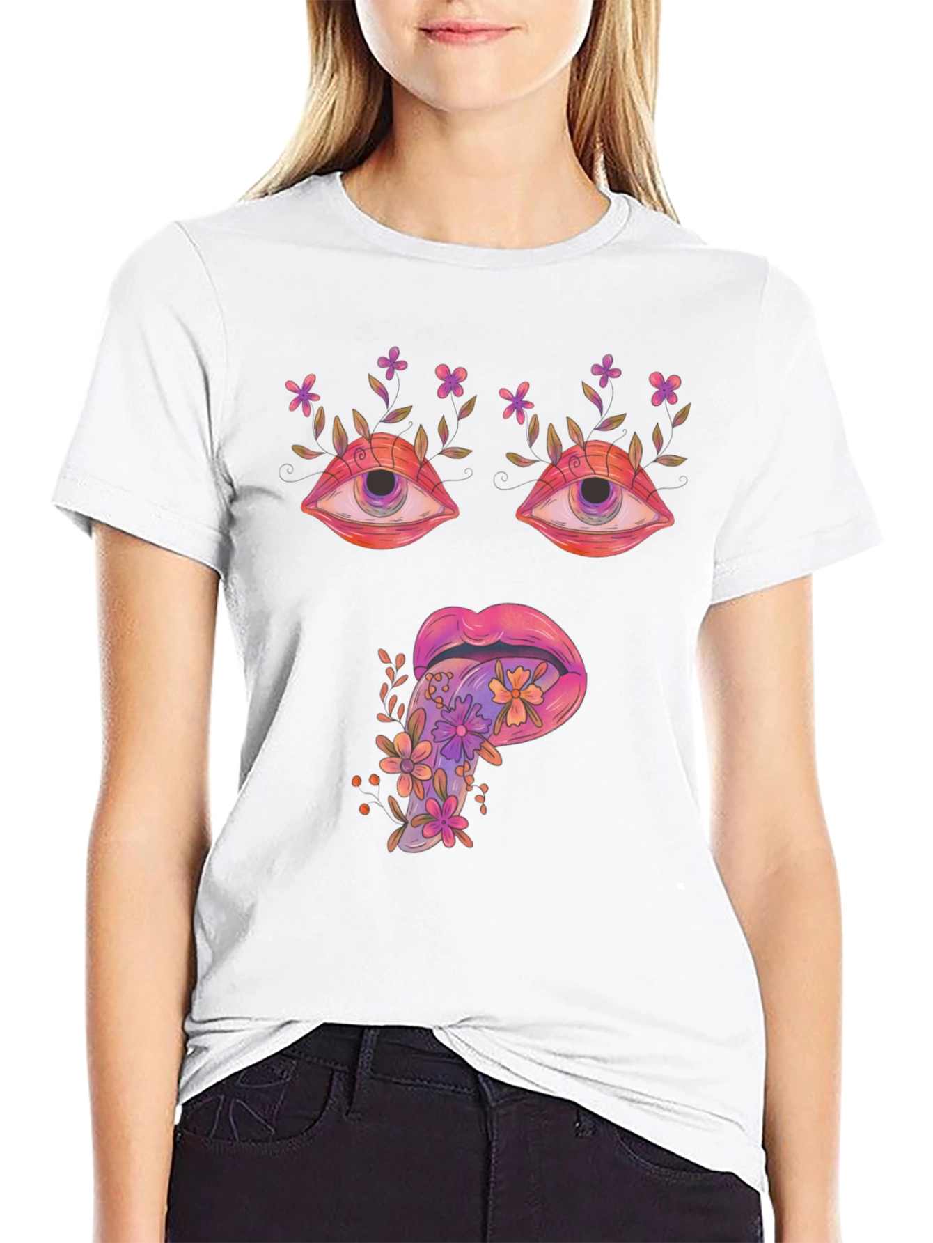 Black Psychedelic Eyes & Tongue Graphic T-Shirt - Black view 9