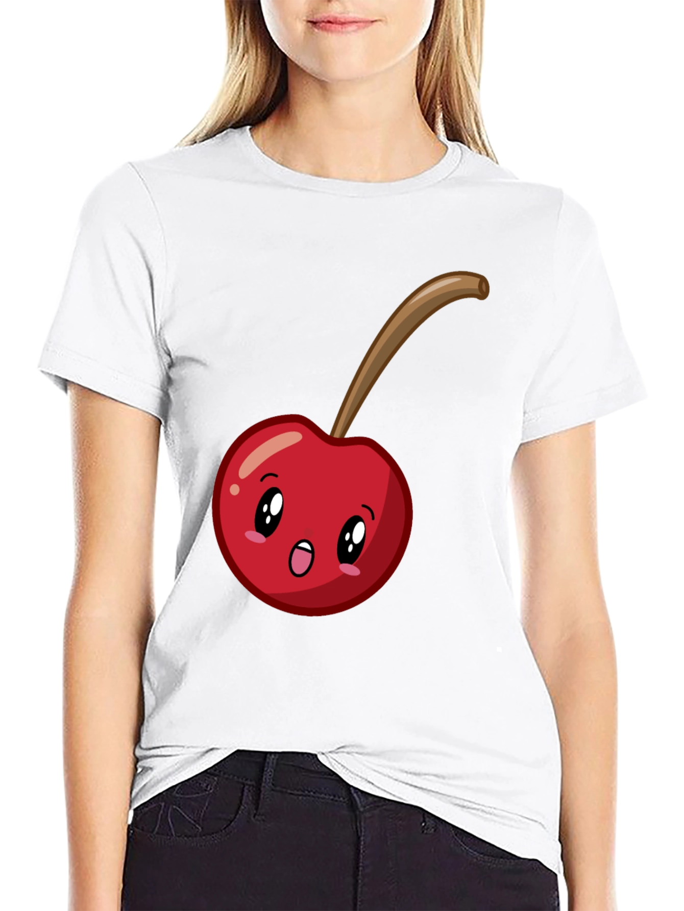 Black Cute Cherry Cartoon Graphic T-Shirt - Black view 9