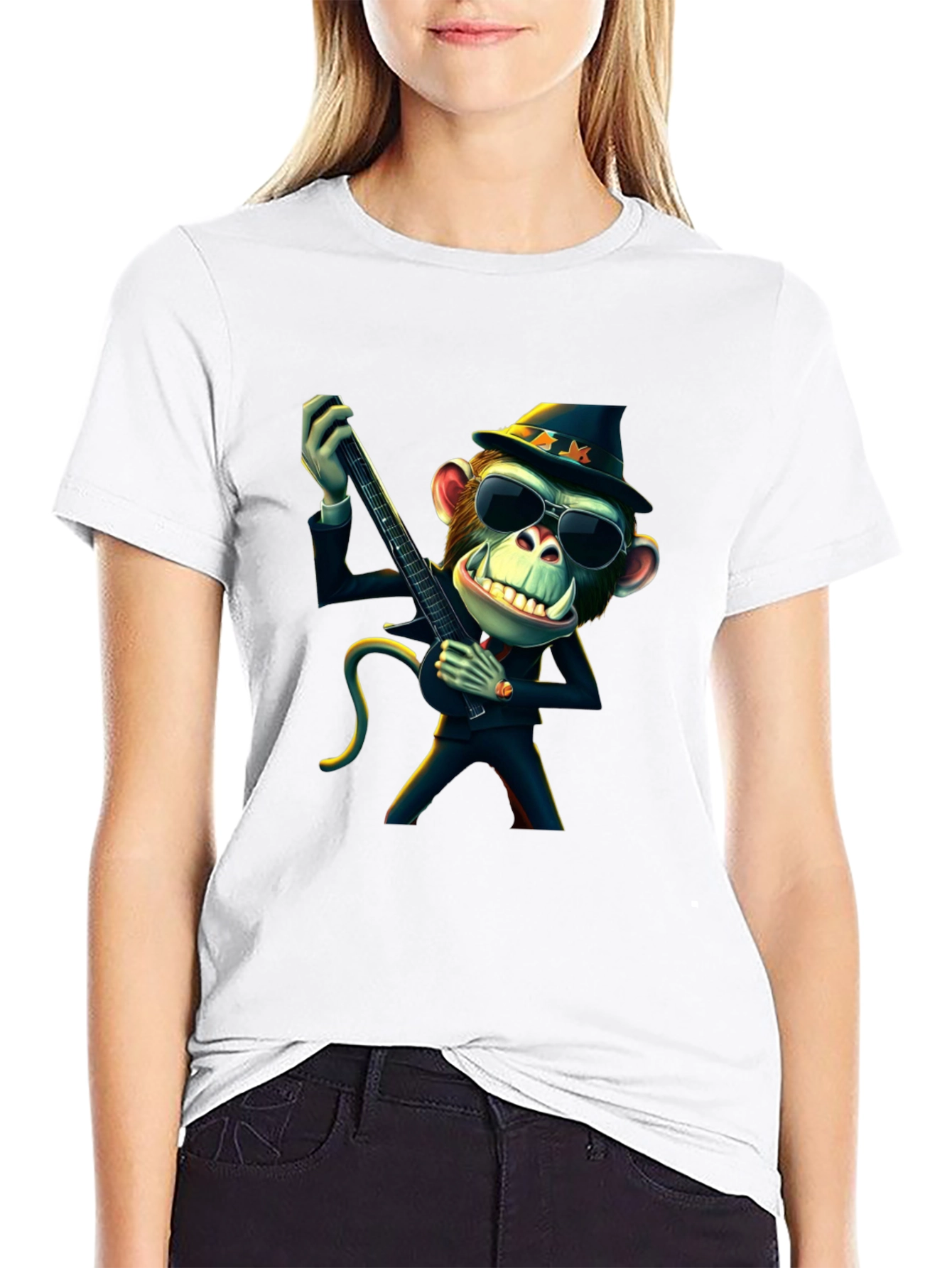 Black Cool Monkey Guitarist Black T-Shirt view 9