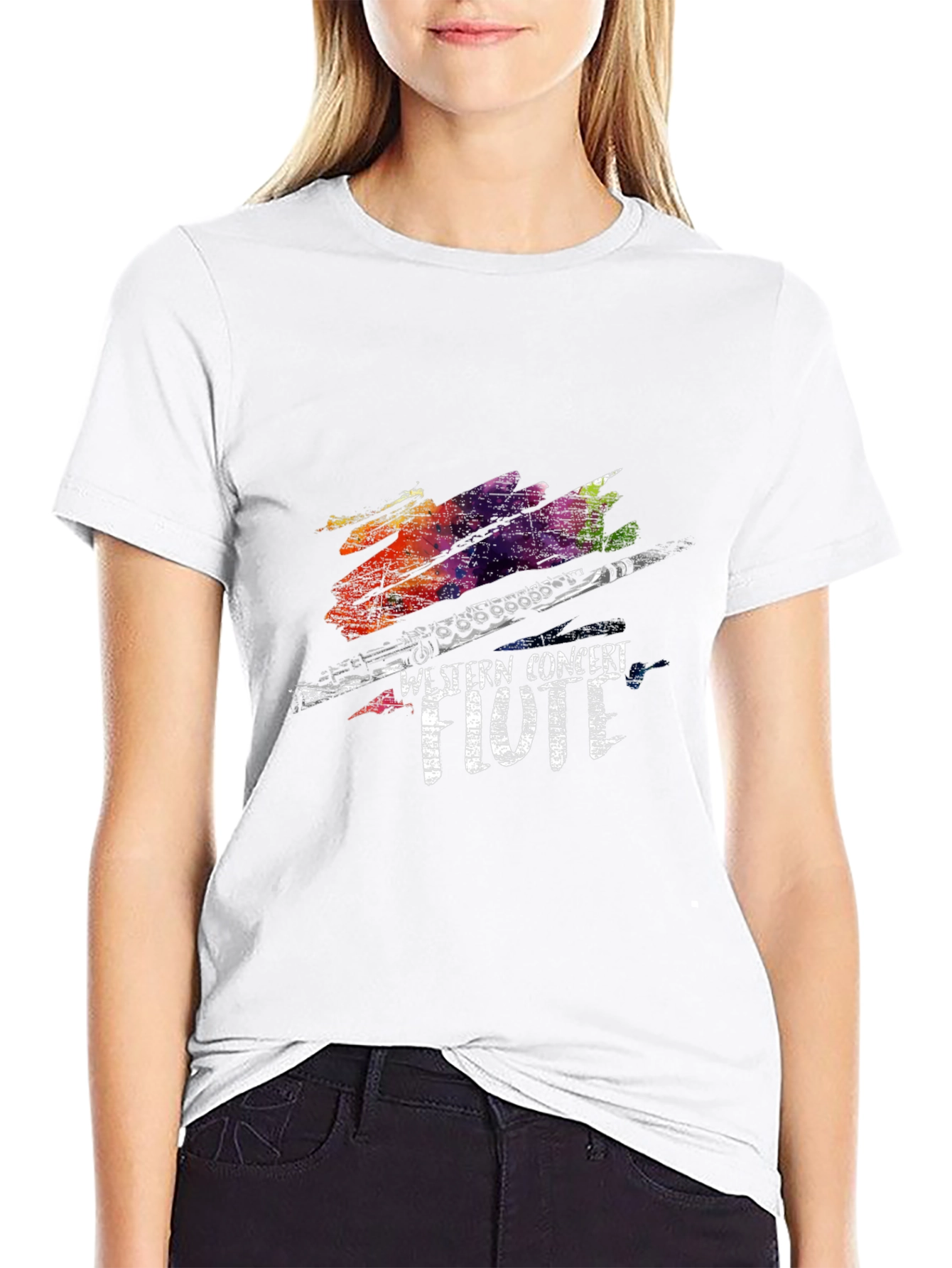 Black Western Concert Flute T-Shirt - Colorful Music Tee view 9