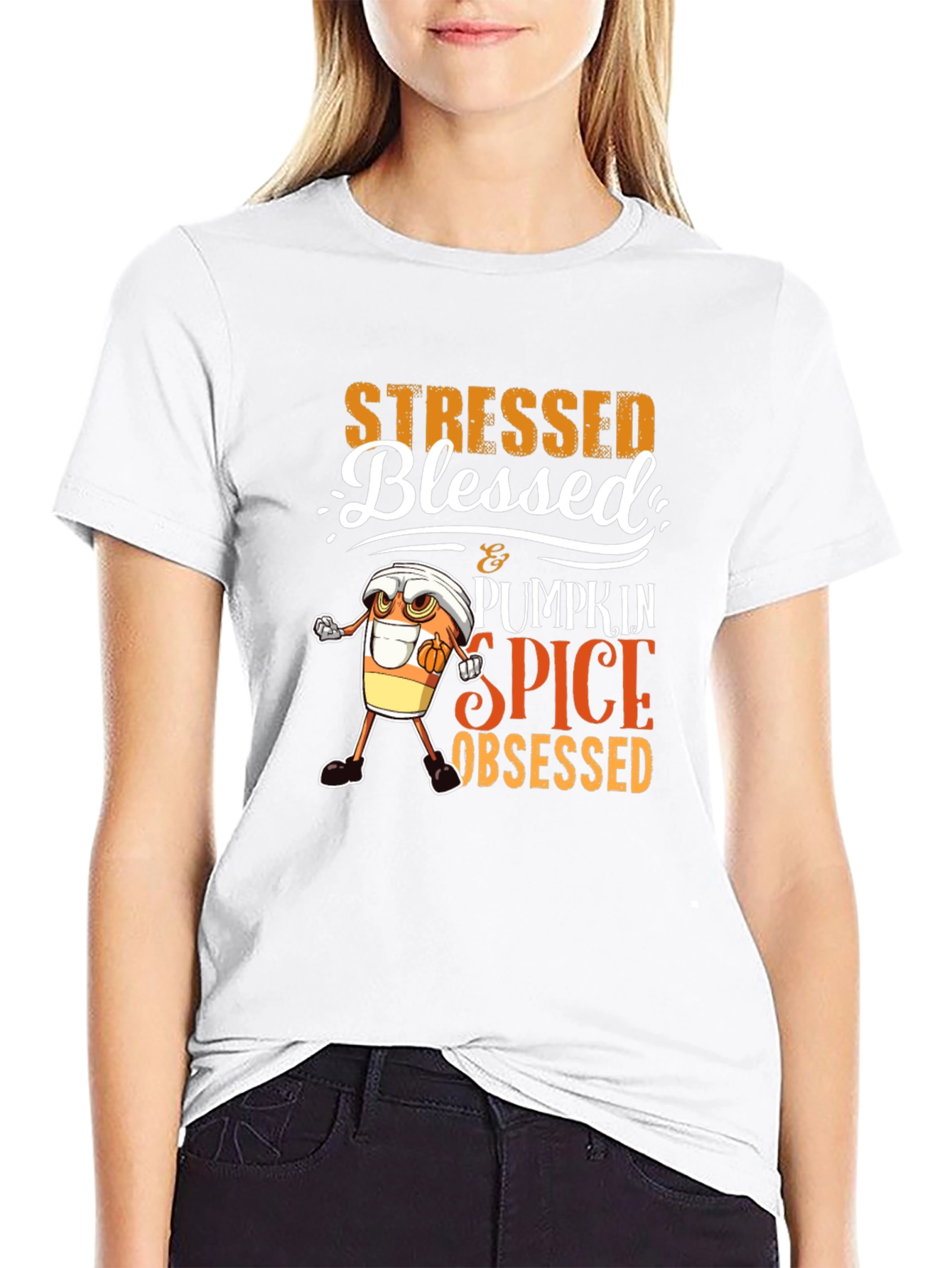 Black Stressed Blessed Pumpkin Spice Obsessed T-Shirt view 9