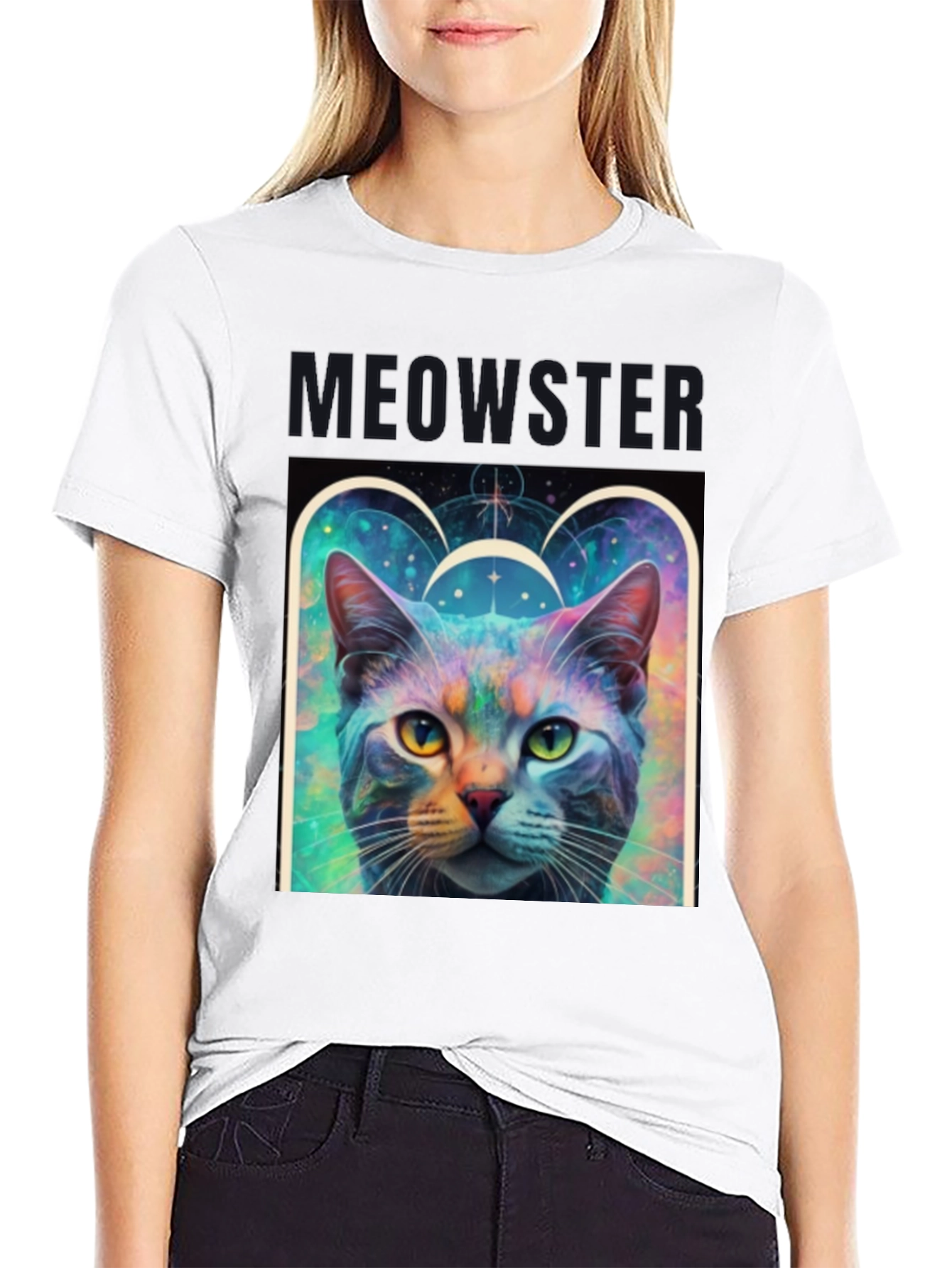 Black Meowster Cat Graphic Print Black T-Shirt view 9
