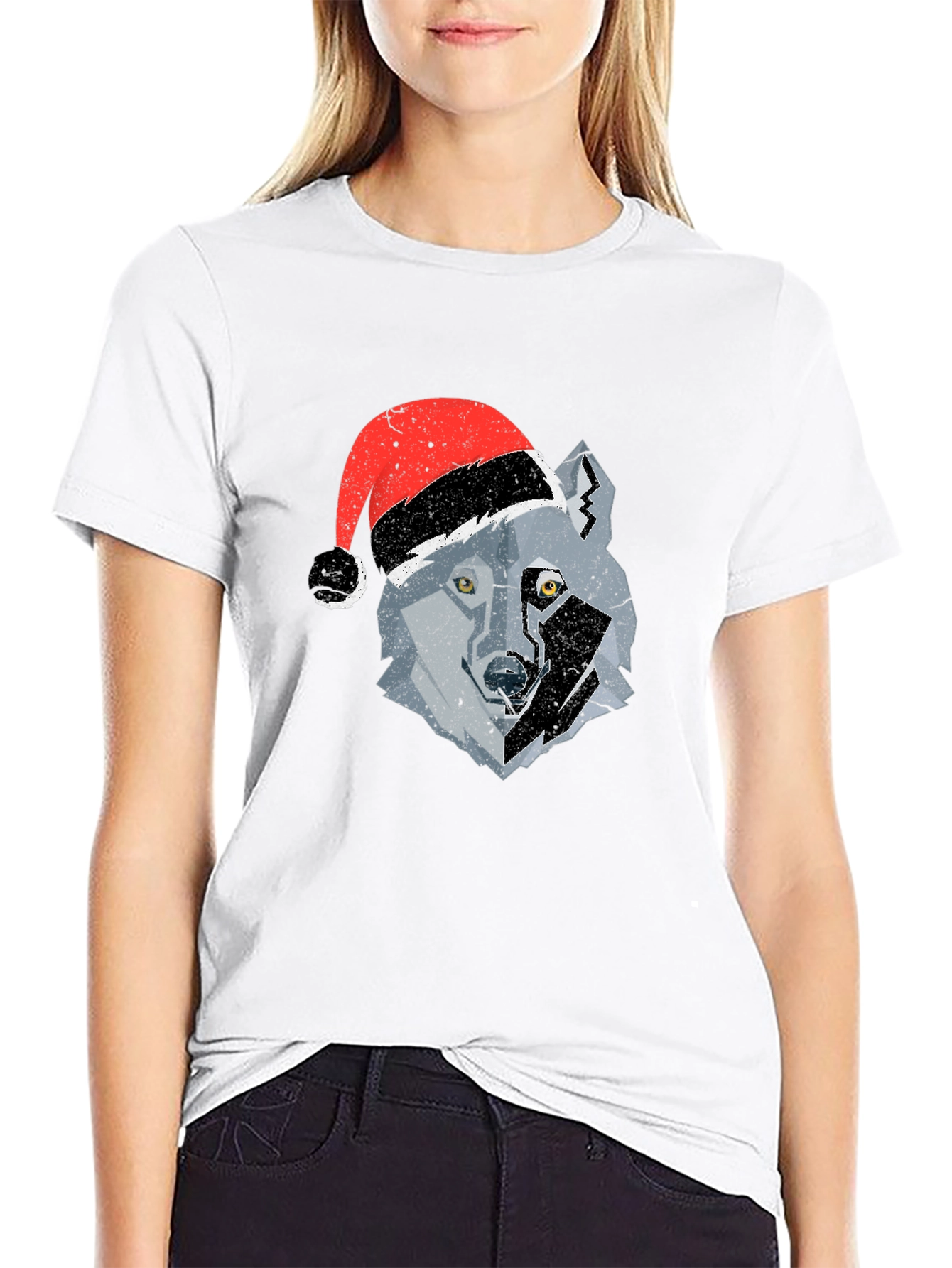 Black Wolf Santa Hat Graphic Tee view 9