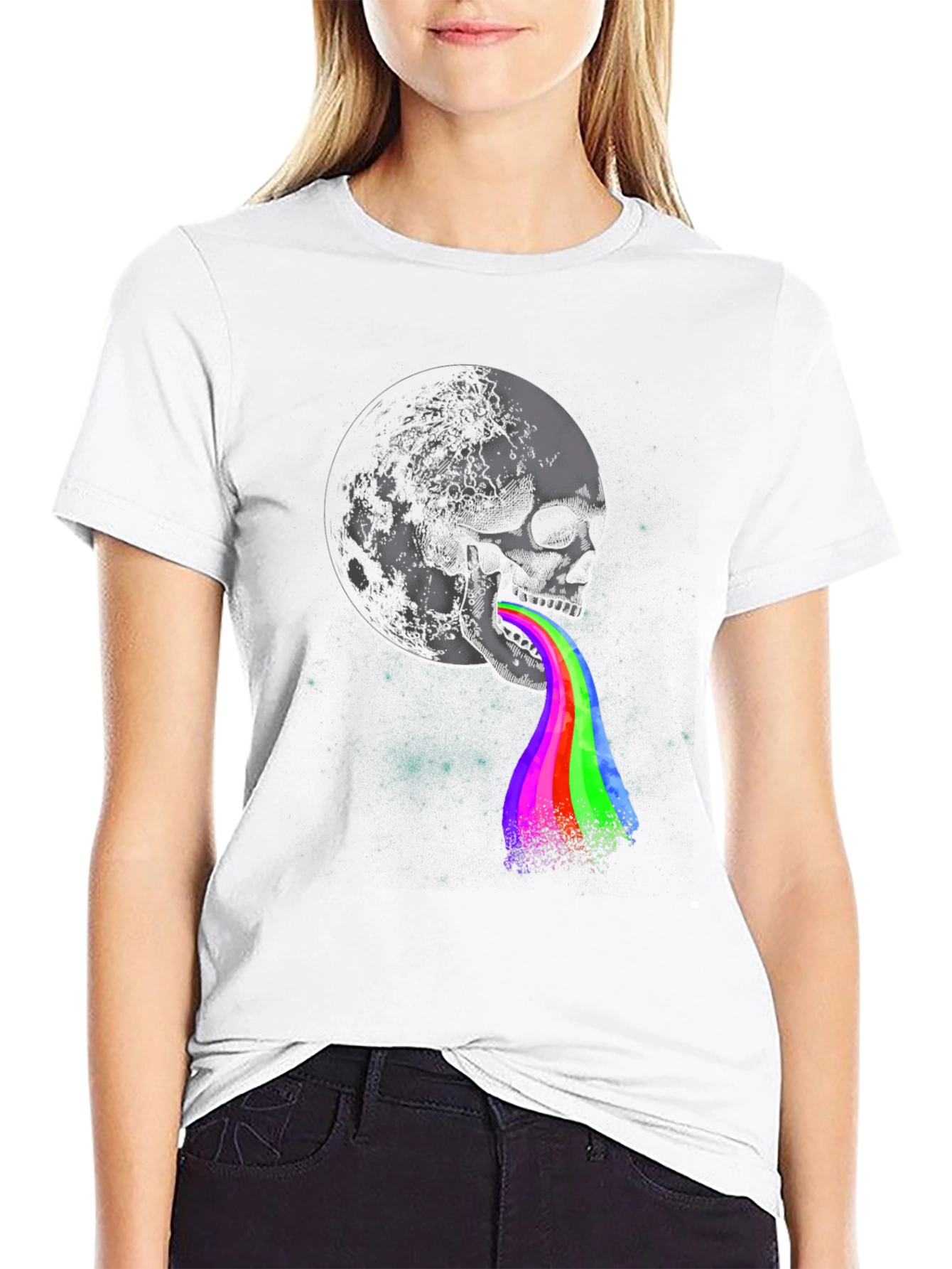 Black Skull Moon Rainbow Graphic Tee - Dark Style view 9