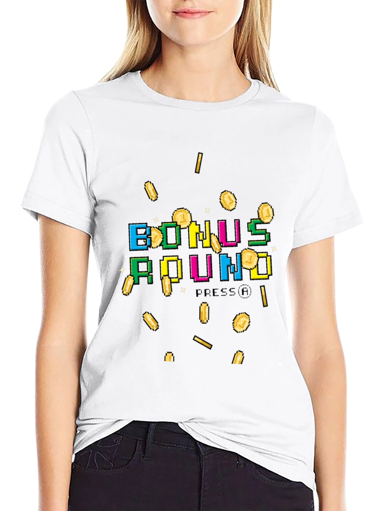 Black Bonus Round Pixel Art Graphic T-Shirt view 9