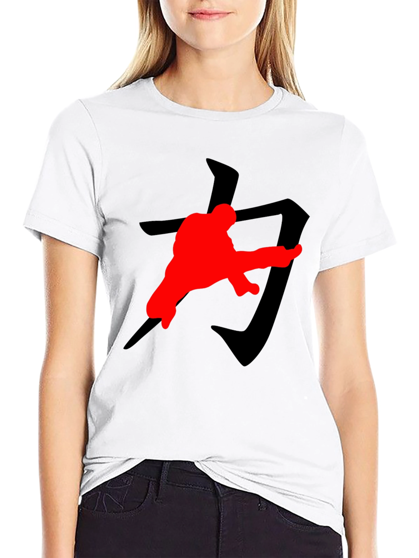 Black Karate Kick T-Shirt: Black with Red Graphic Print view 9