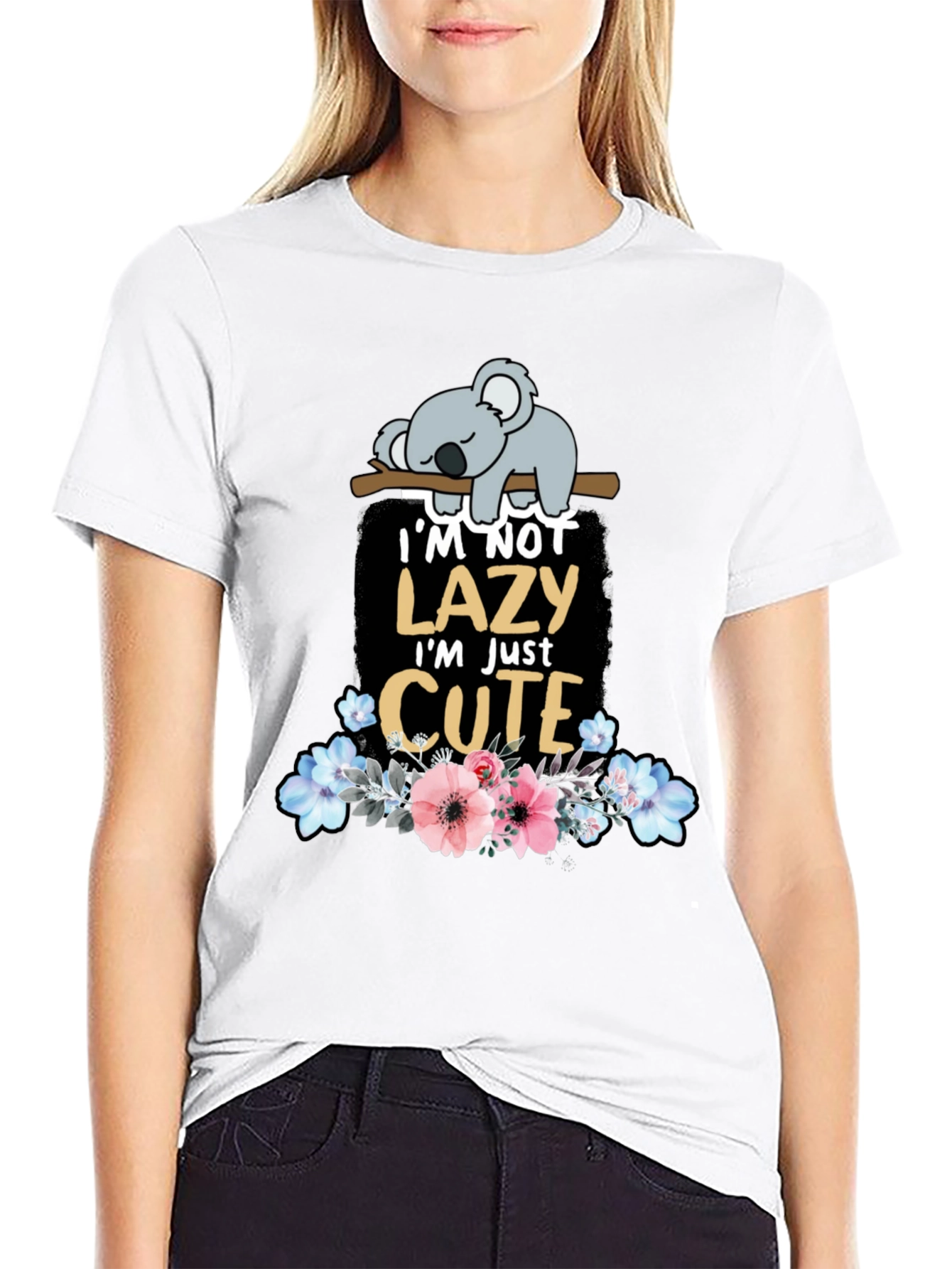 Black Lazy Koala T-Shirt: Cute Floral Design view 9