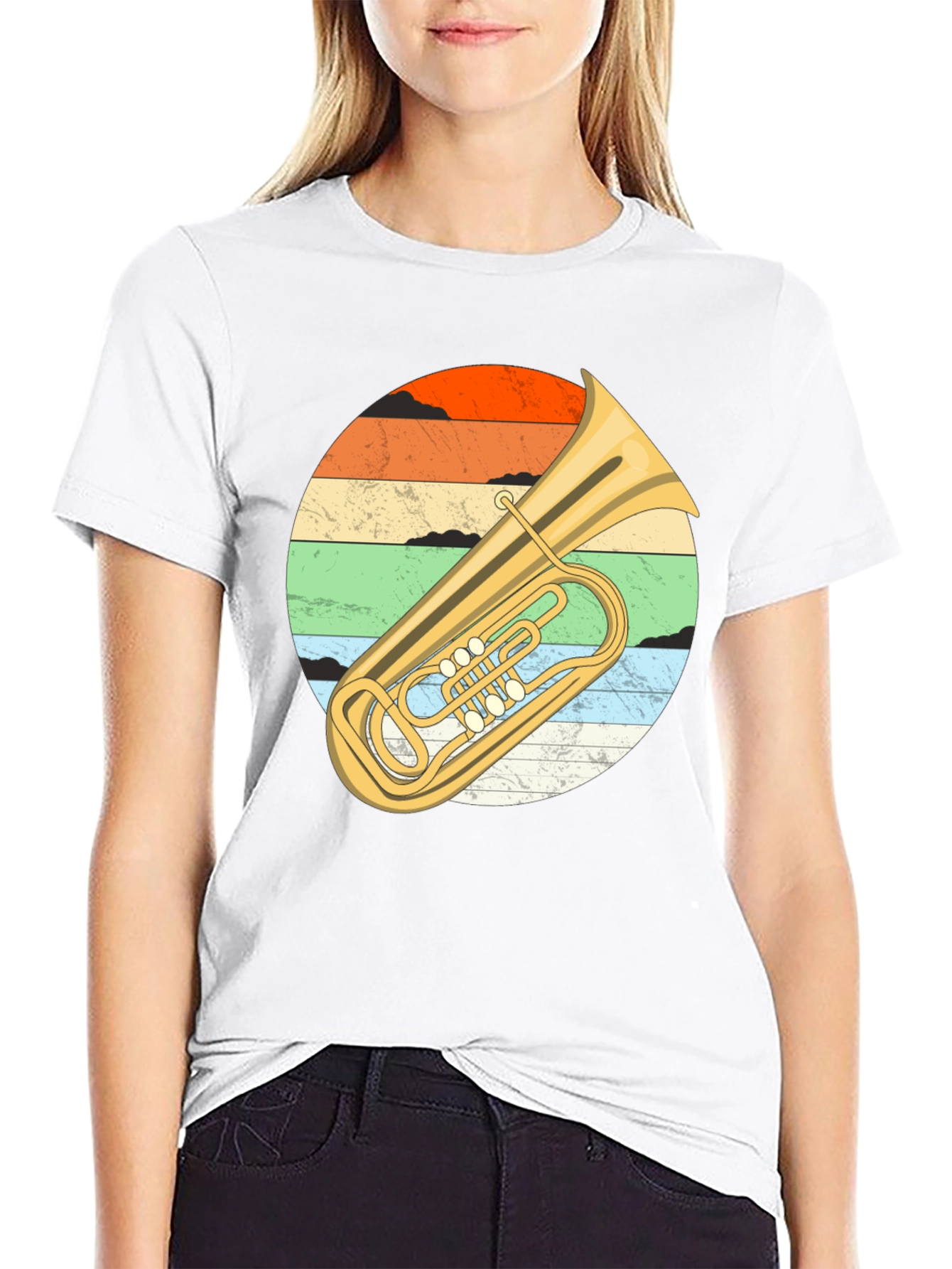 Black Vintage Tuba Sunset Graphic Tee - Musician's Black T-Shirt view 9