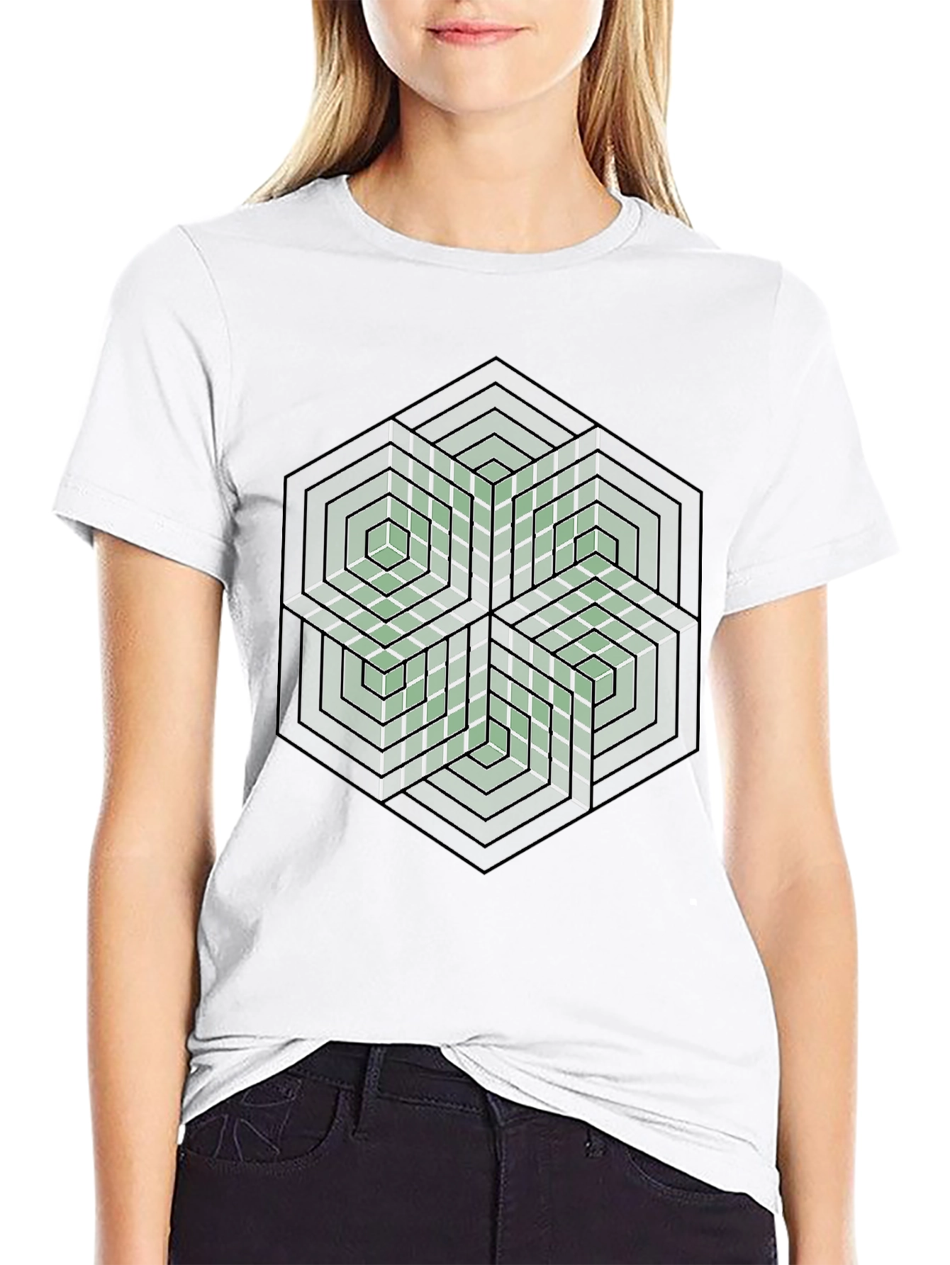 Black Geometric Hexagon Illusion Graphic Tee - Black view 9