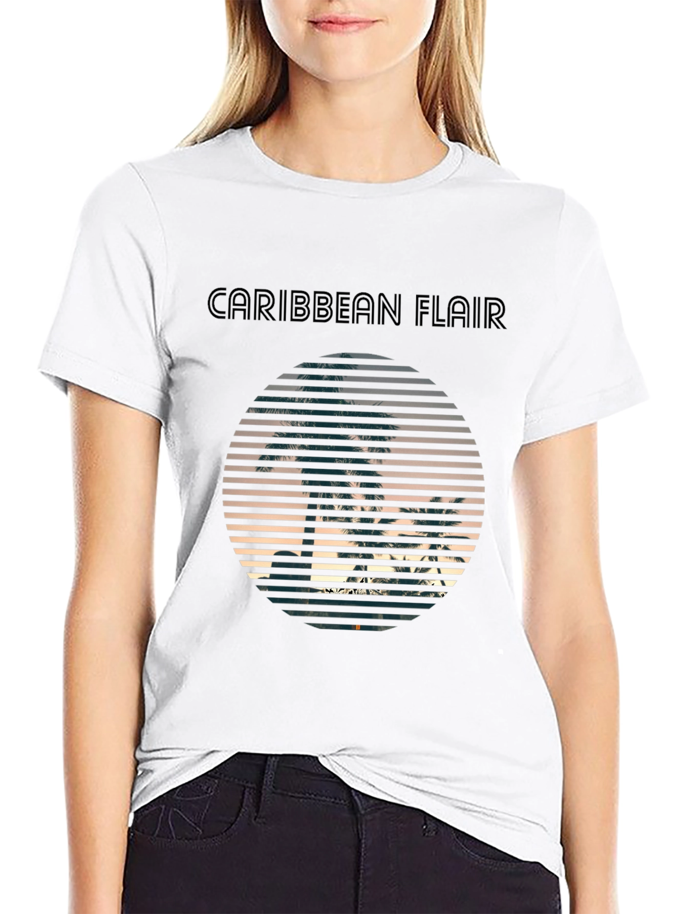 Black Caribbean Flair Black T-Shirt with Palm Tree Sunset Graphic view 9