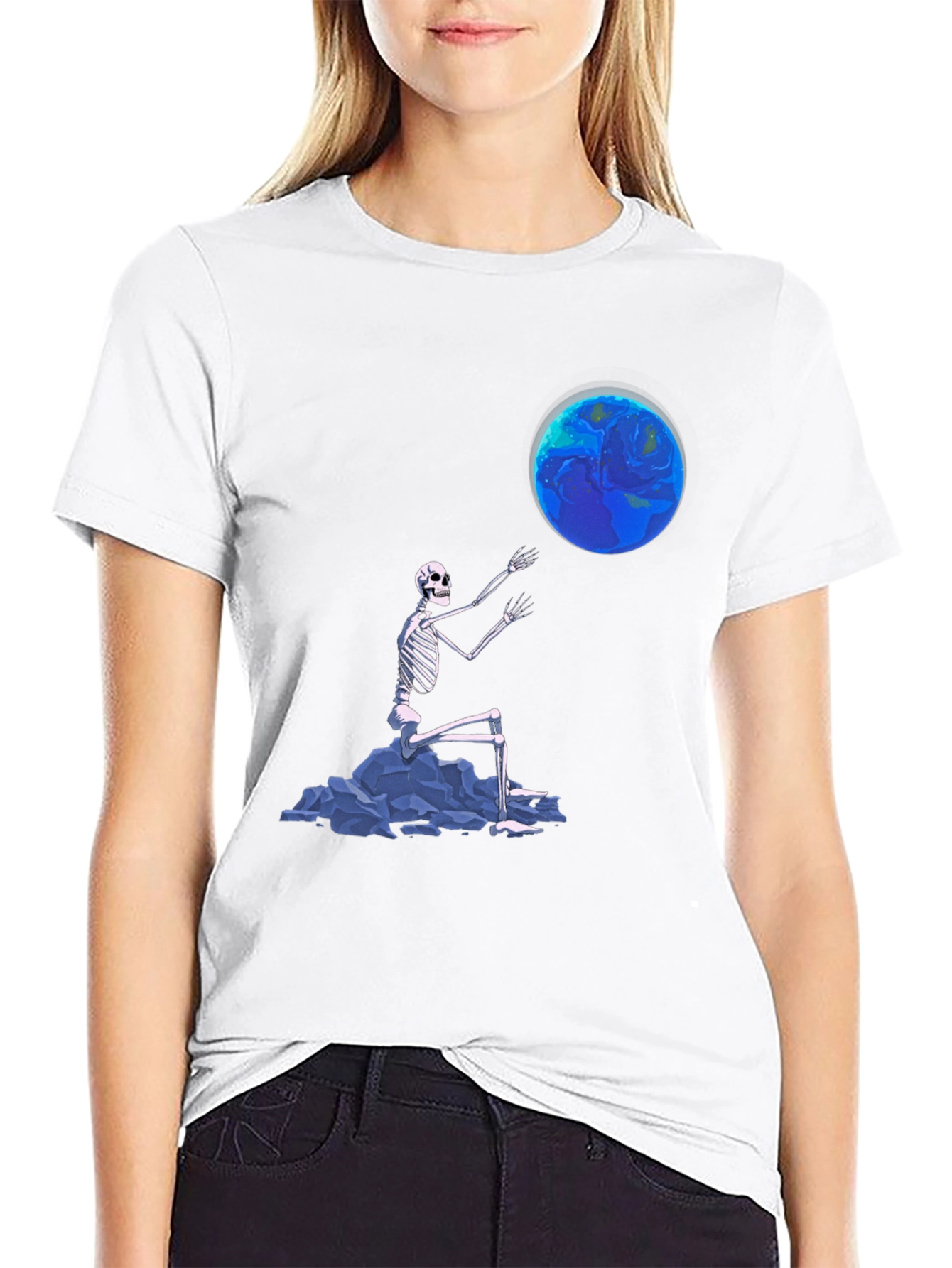 Black Skeleton Touching Earth Graphic Tee - Black view 9