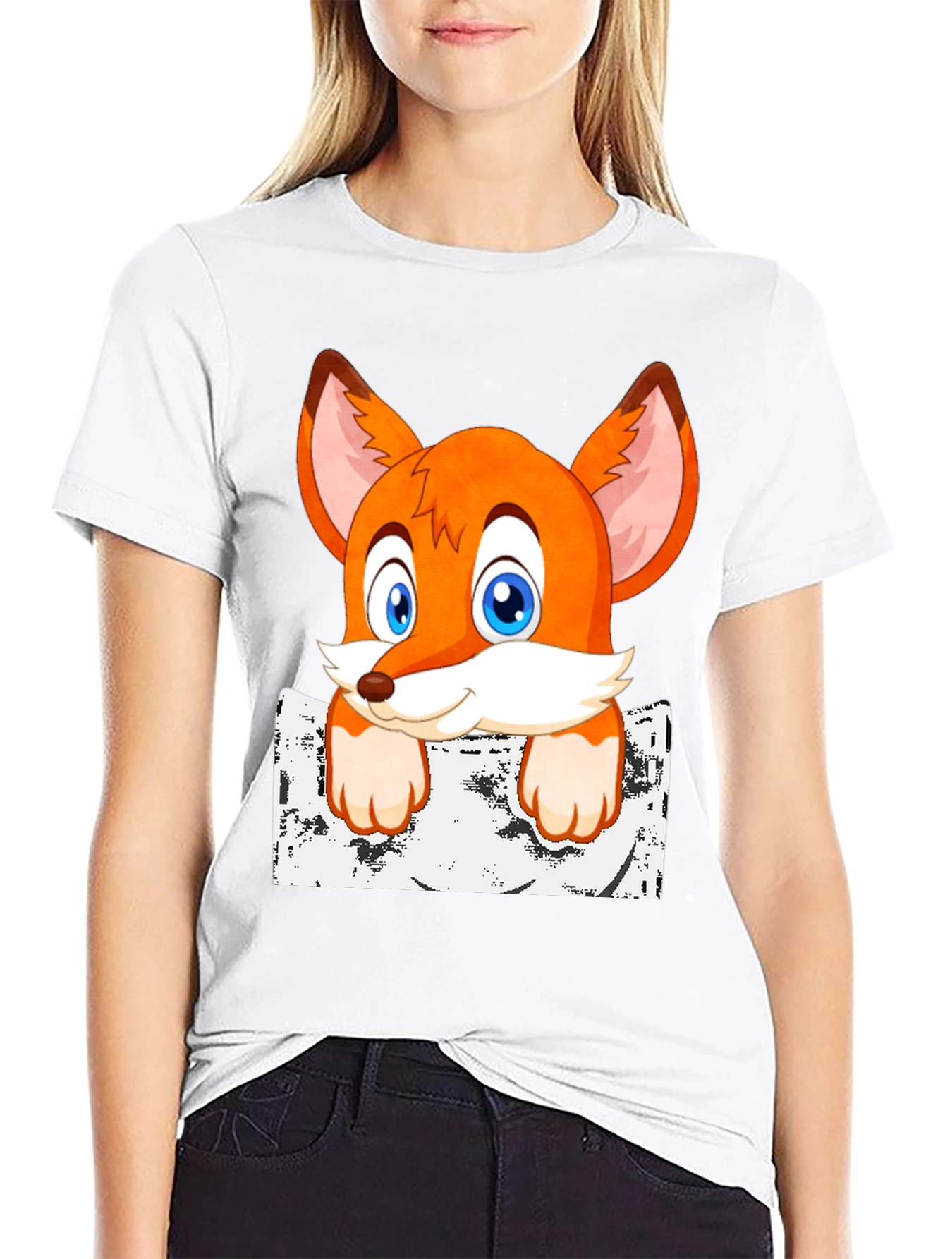 Black Cartoon Fox Graphic Print T-Shirt view 9
