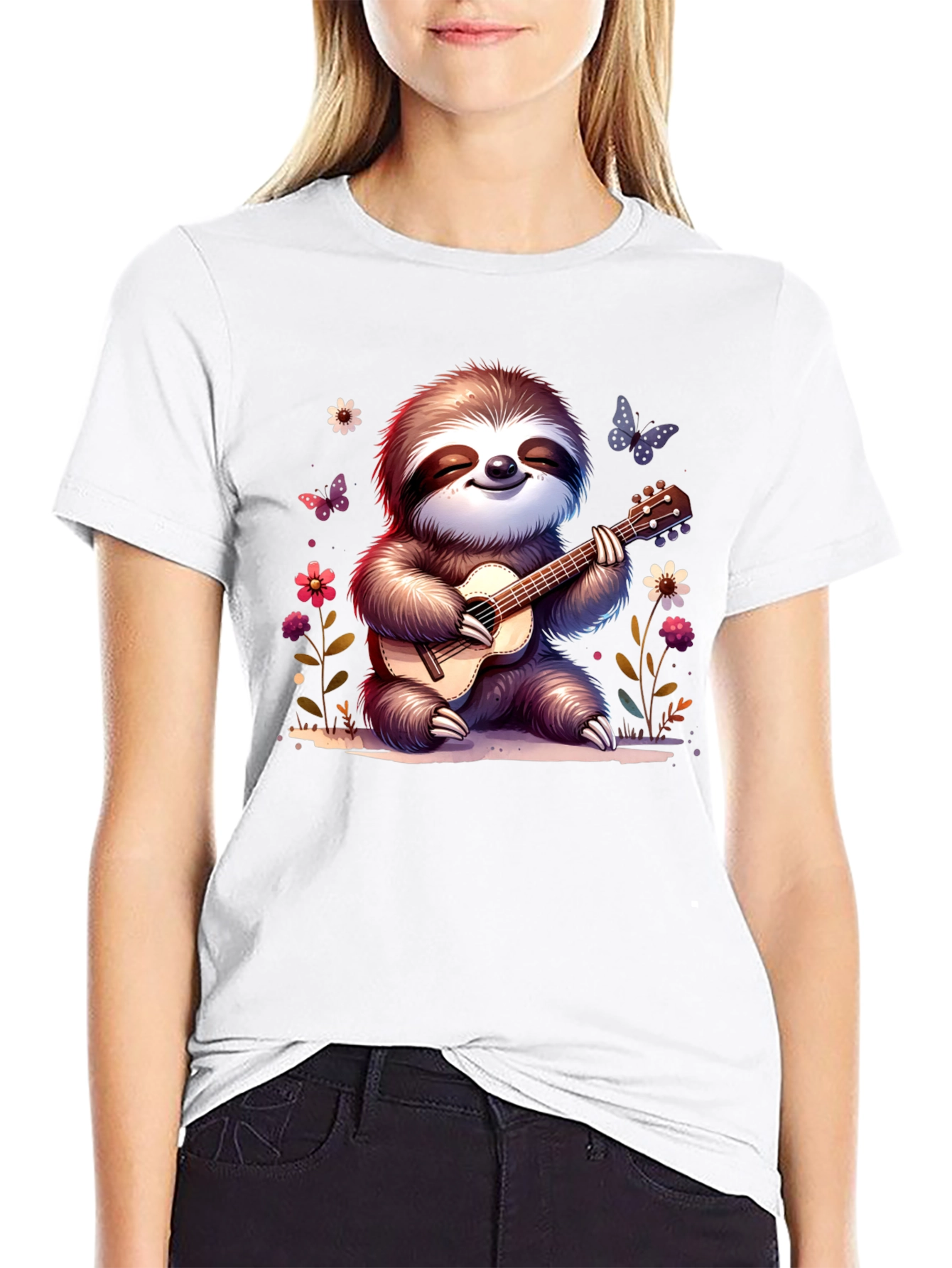 Black Cute Sloth Guitarist Graphic T-Shirt view 9