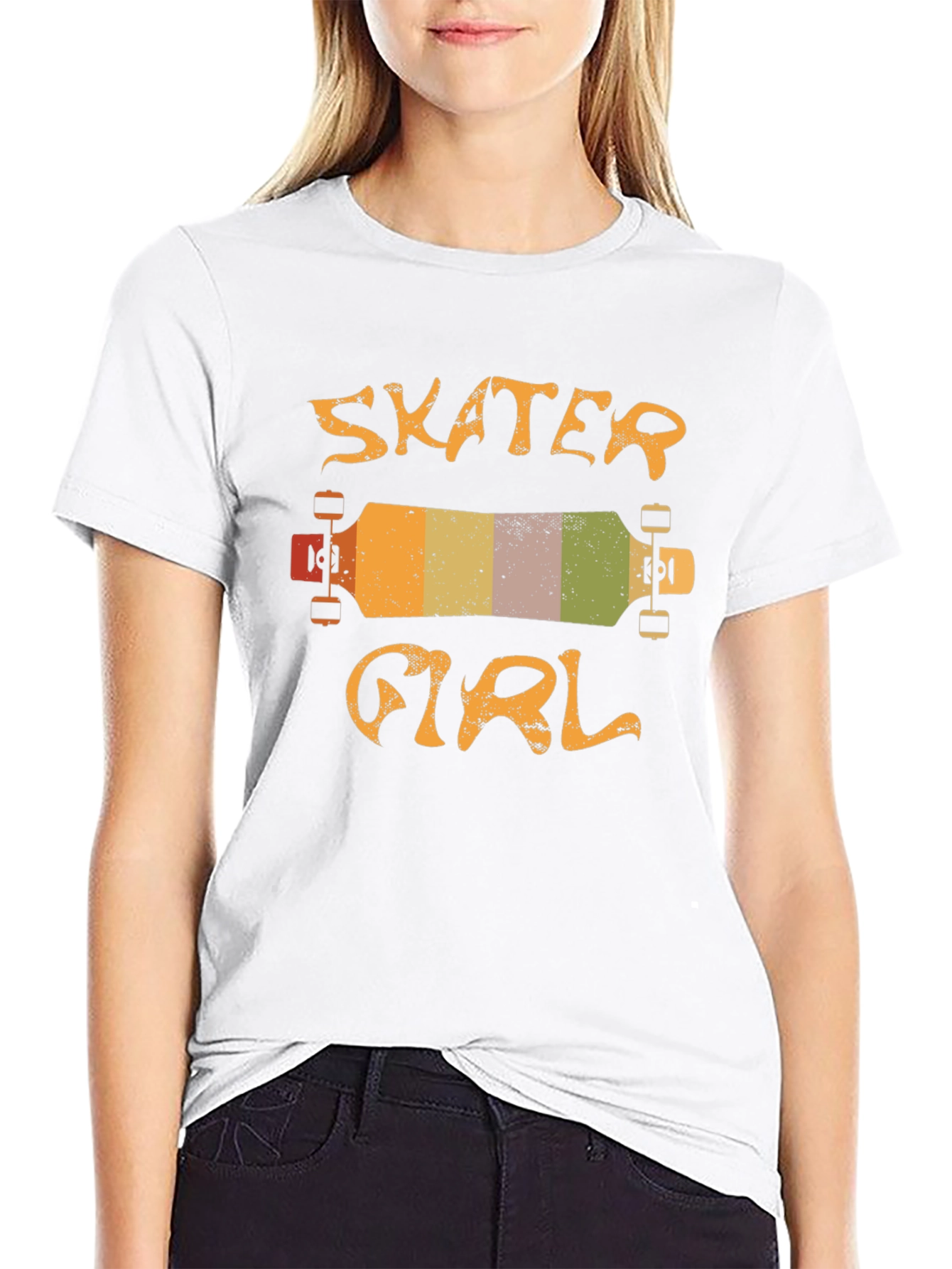 Black Skater Girl T-Shirt - Retro Skateboard Design view 9