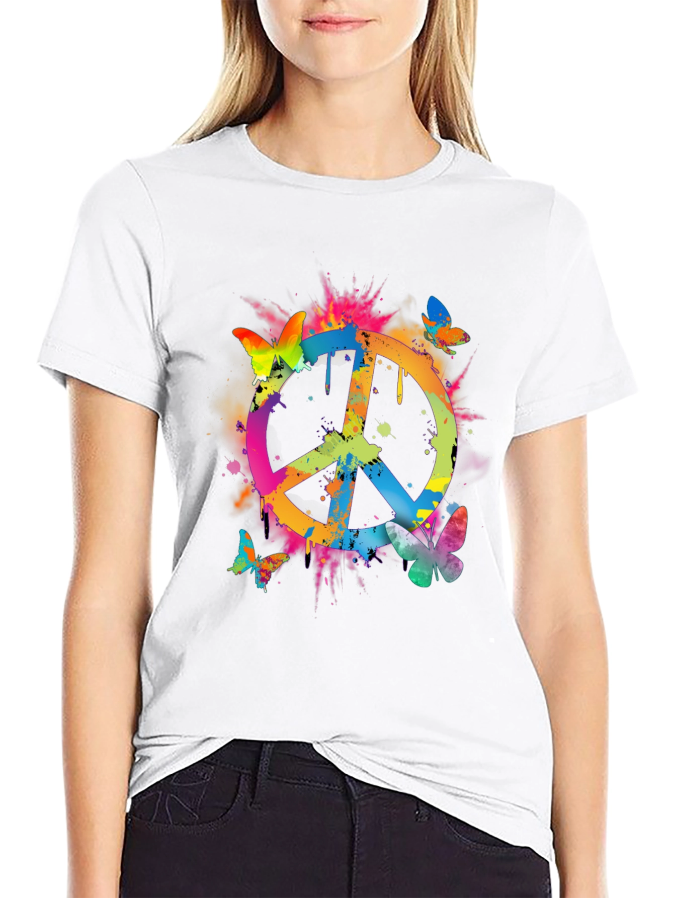 Black Peace Sign Butterfly Graphic Tee - Black view 9