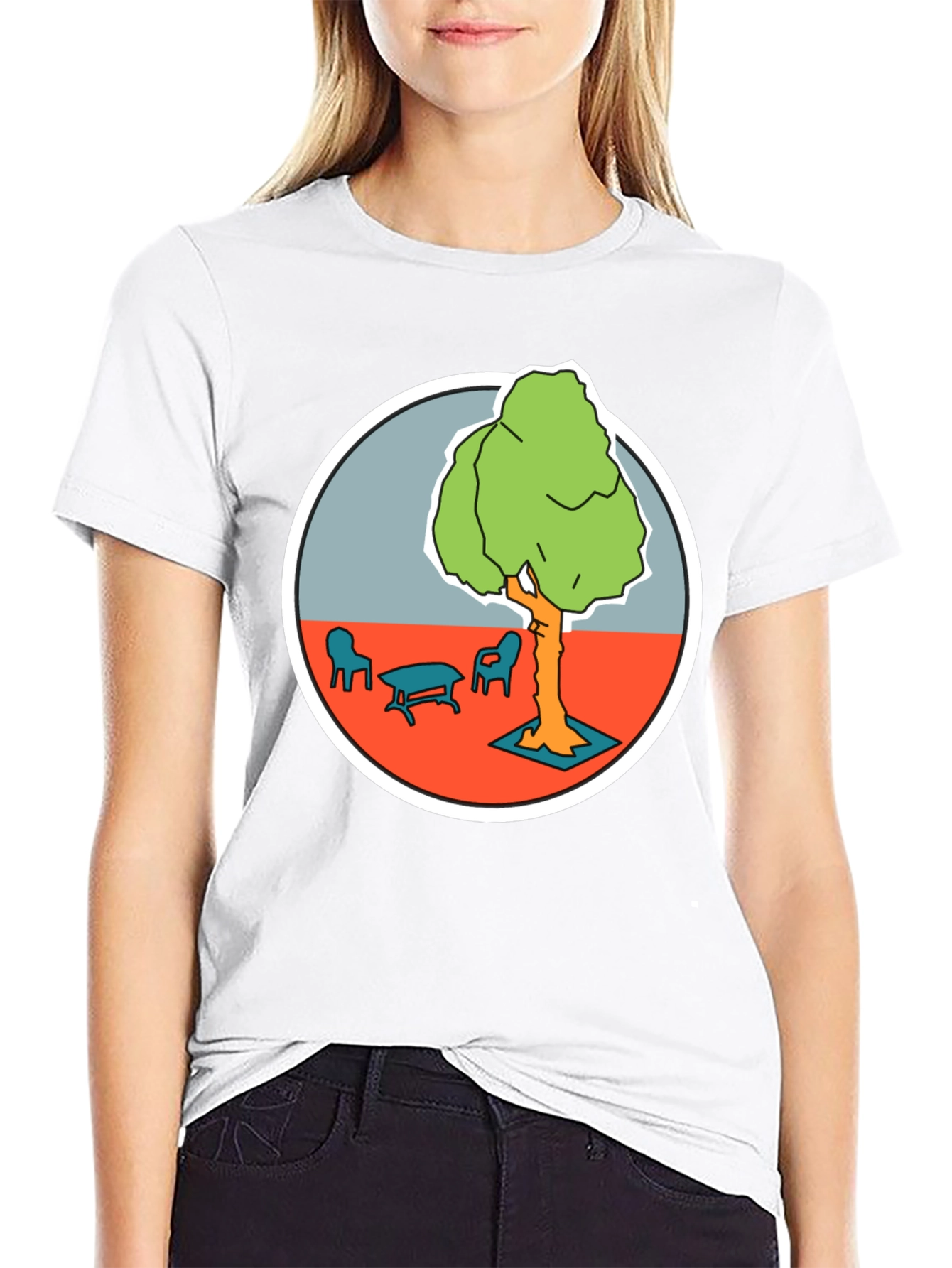 Black Black T-Shirt with Cartoon Tree Print view 9