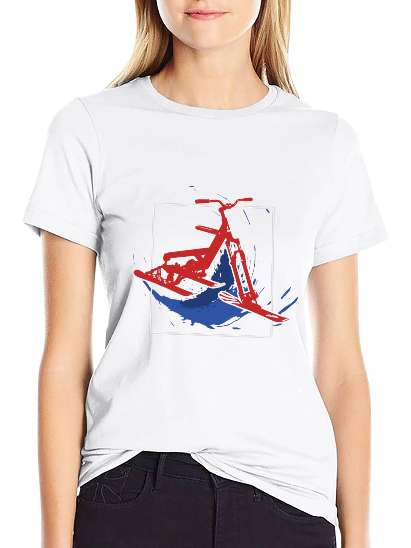 Black Snow Bike T-Shirt: Red, White and Blue Design view 9