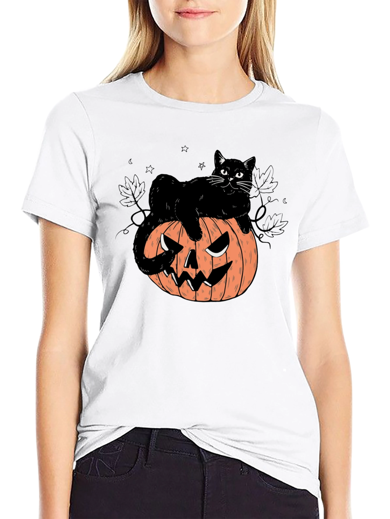 Black Halloween Cat on Pumpkin Graphic Tee view 9